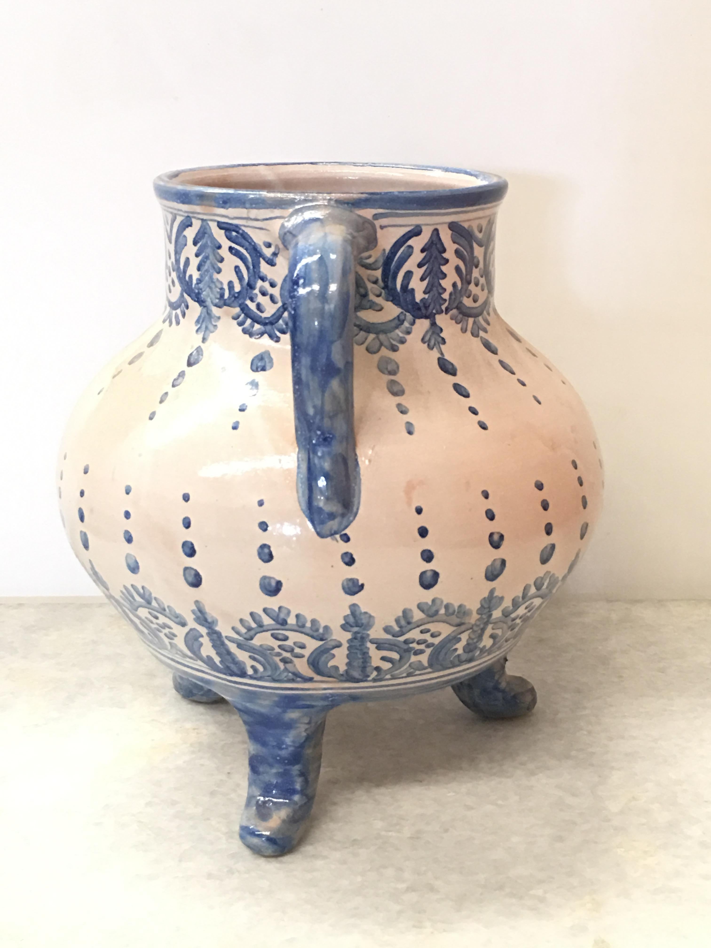 20th Century Striking Continental Glazed Earthenware Blue and White Painted Urn In Good Condition In Miami, FL