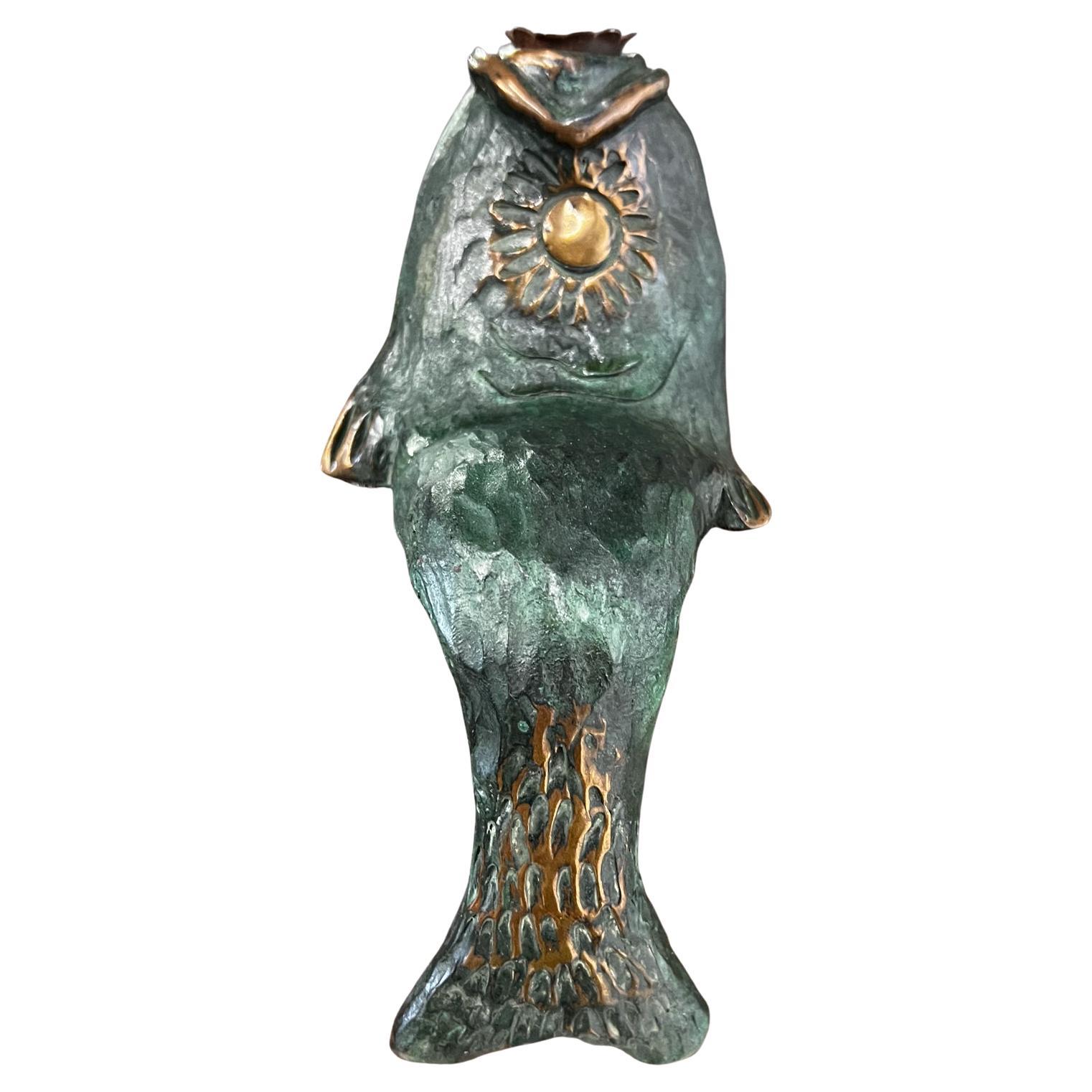 1990s Studio Art Bronze Fish Candle Holder Mikel Sculpture