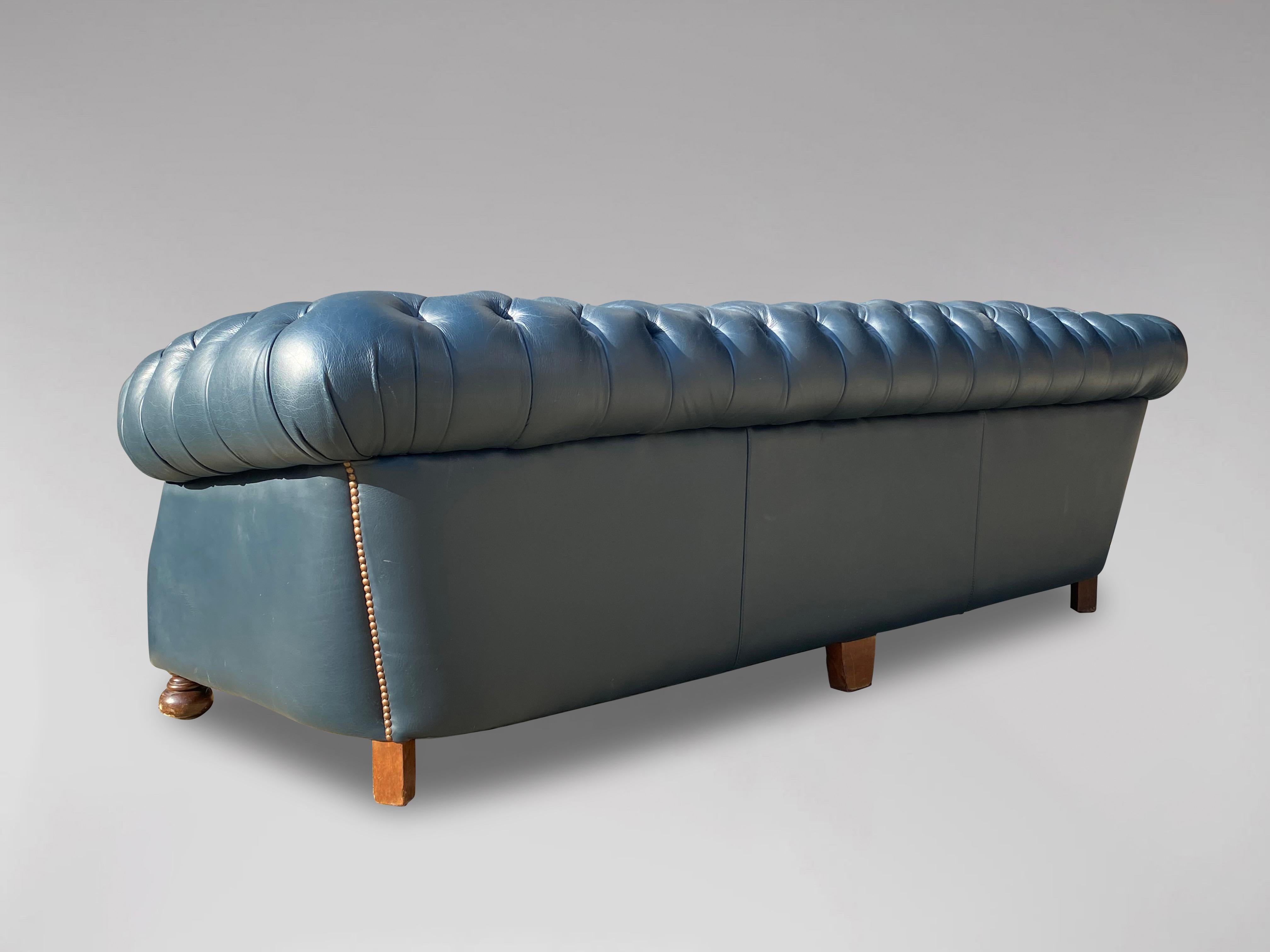 British 20th Century Stunning Quality Blue Leather 3 Seater Chesterfield Sofa