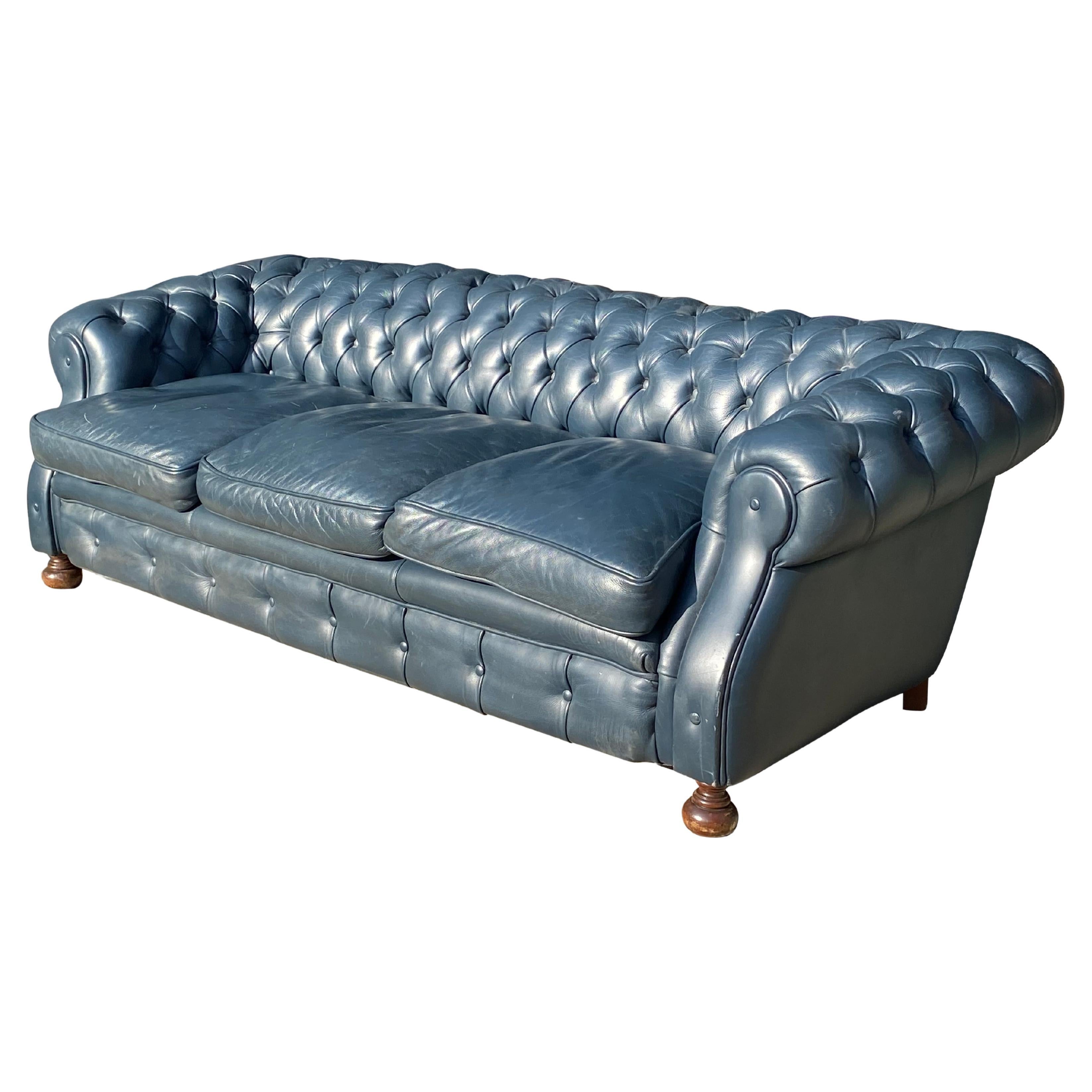 20th Century Stunning Quality Blue Leather 3 Seater Chesterfield Sofa