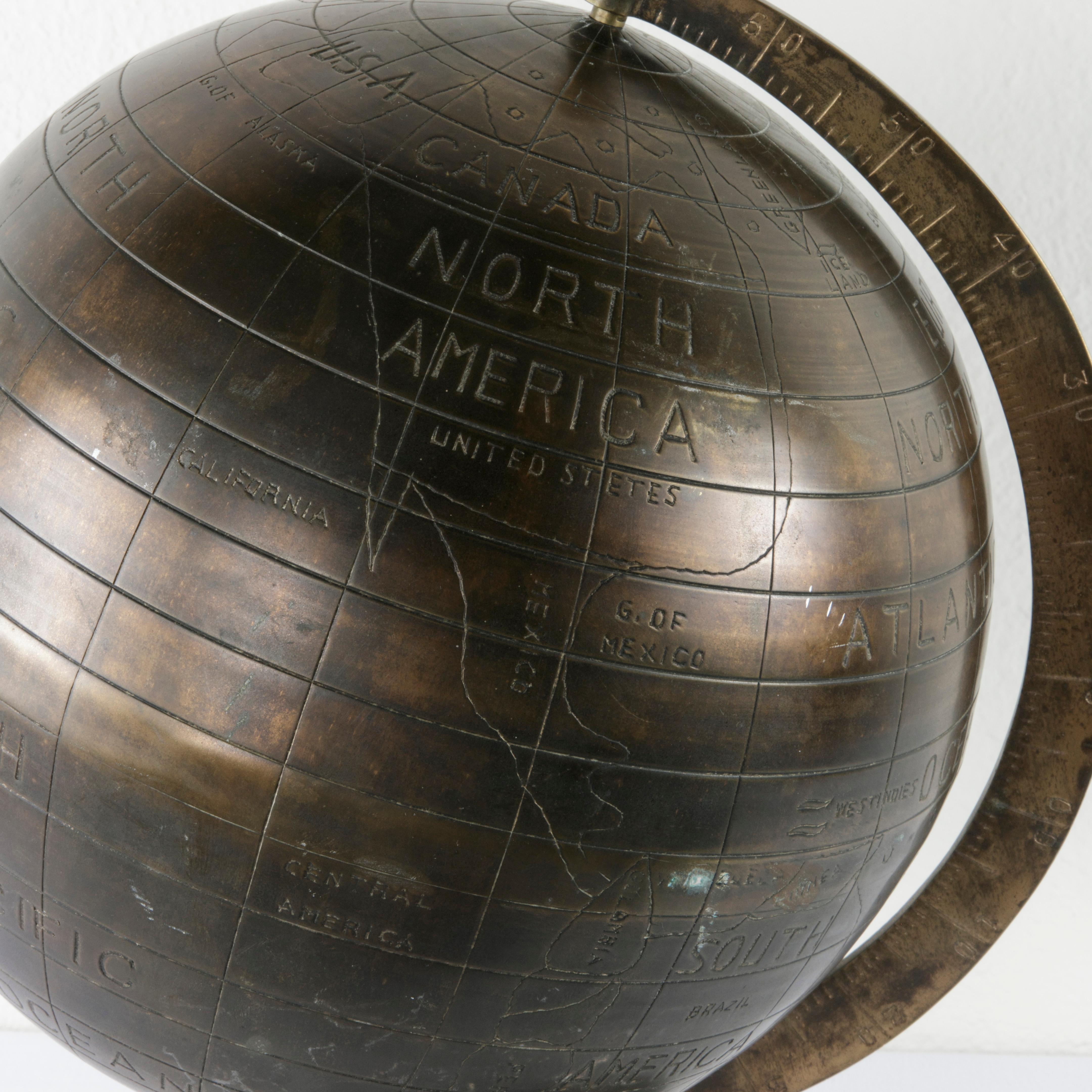 Late 20th Century 20th Century Stylized Etched Bronze Globe on Axis Labeled in English
