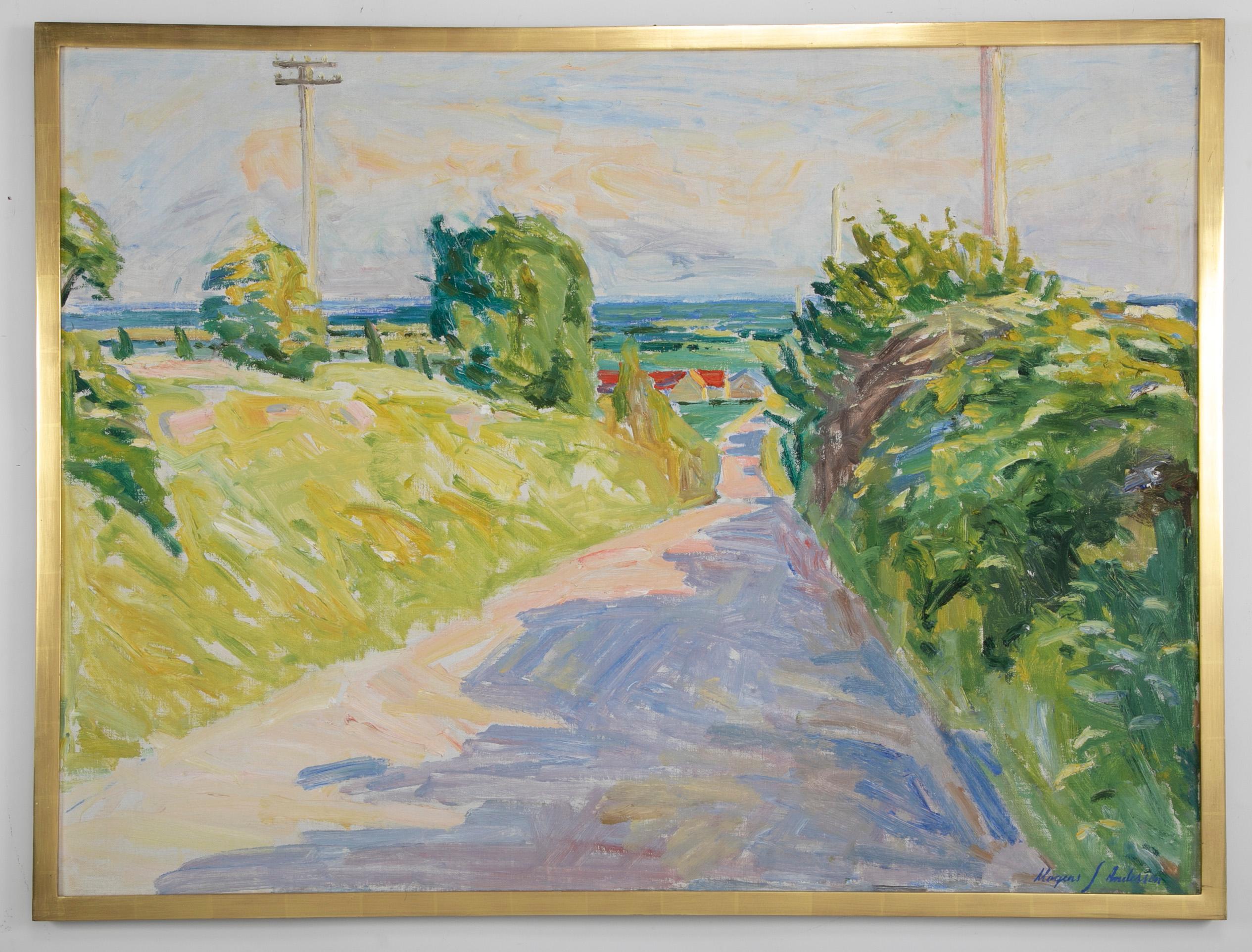 20th century oil on canvas of a summertime landscape by Danish artist Mogens Anderson (b. 1909 - d. 2002). Signed lower right.