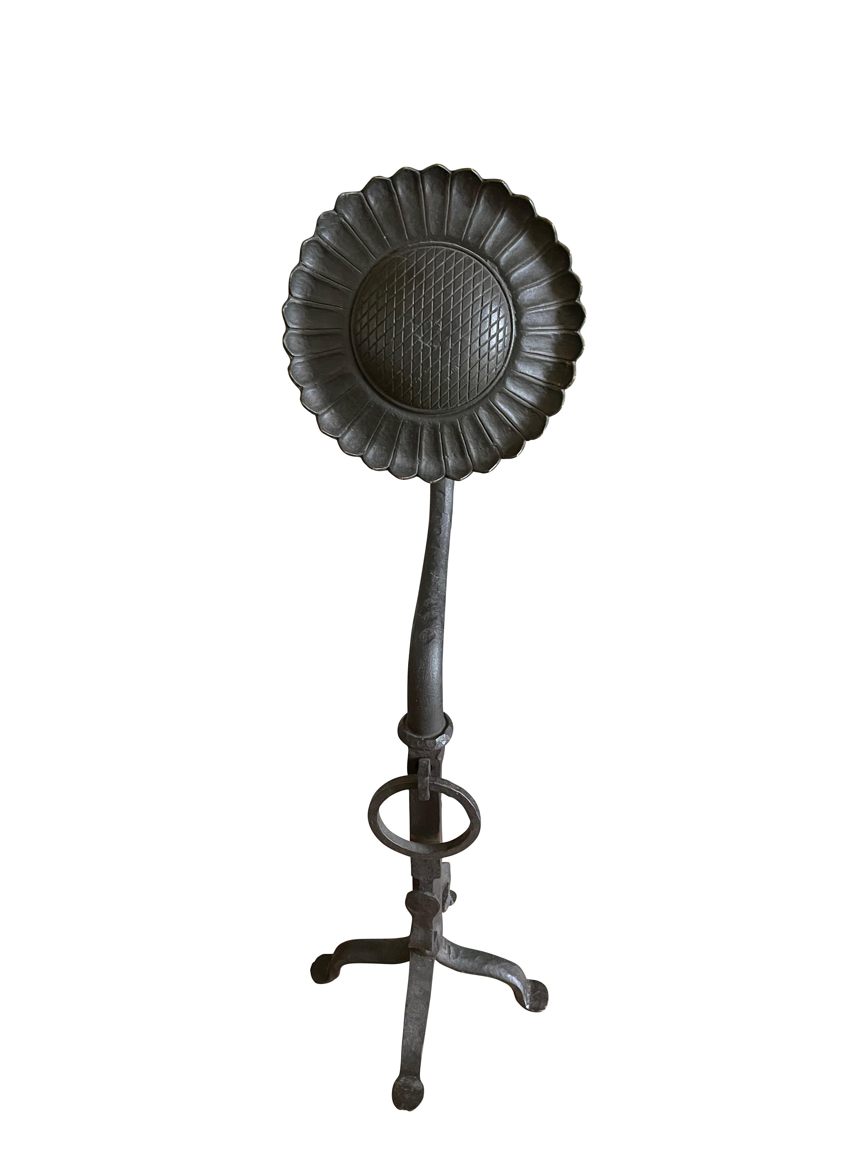 American 20th Century Sunflower Black Wrought Oversized Iron Hand Forged Andirons For Sale