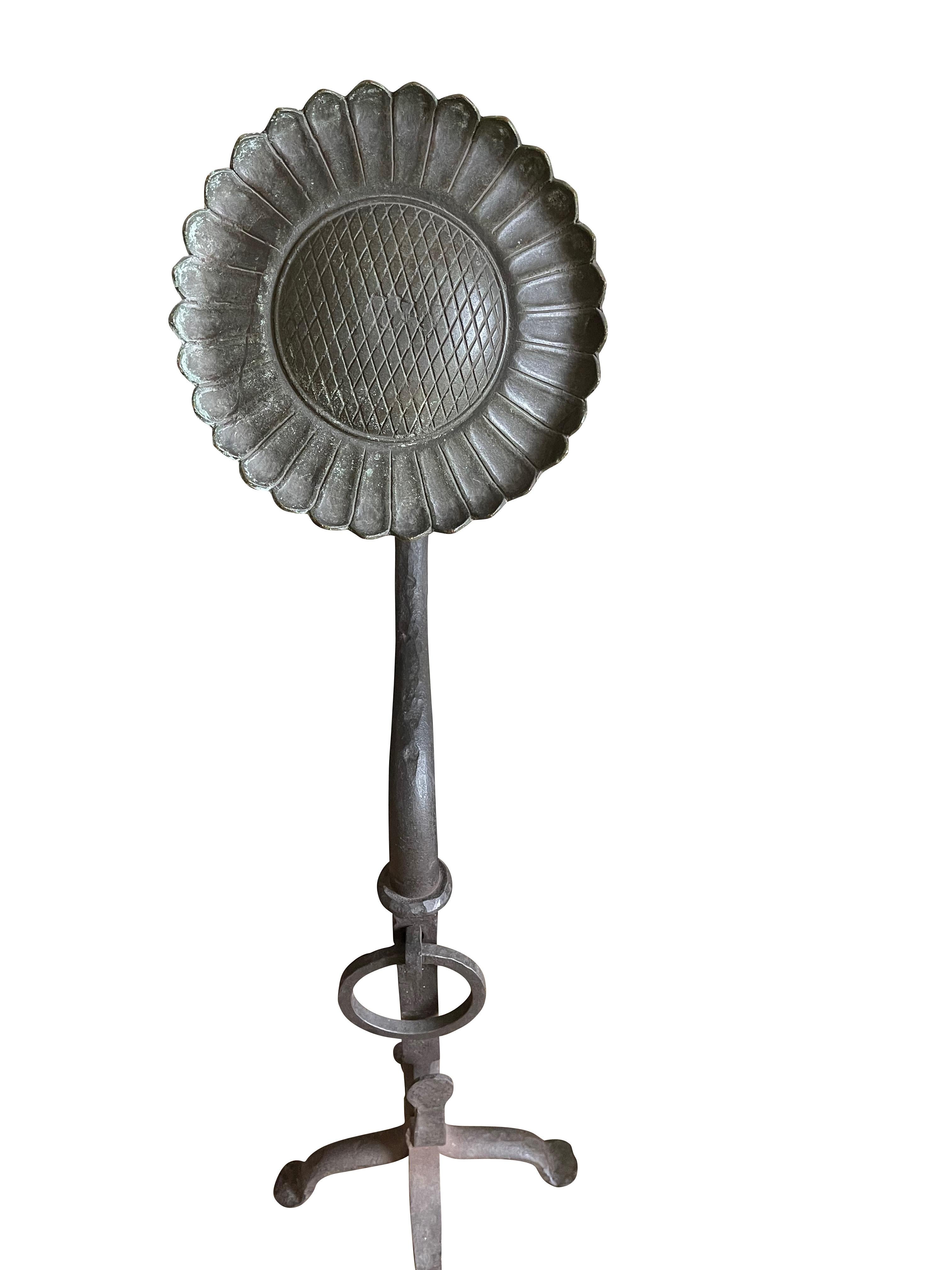 Hand-Crafted 20th Century Sunflower Black Wrought Oversized Iron Hand Forged Andirons For Sale