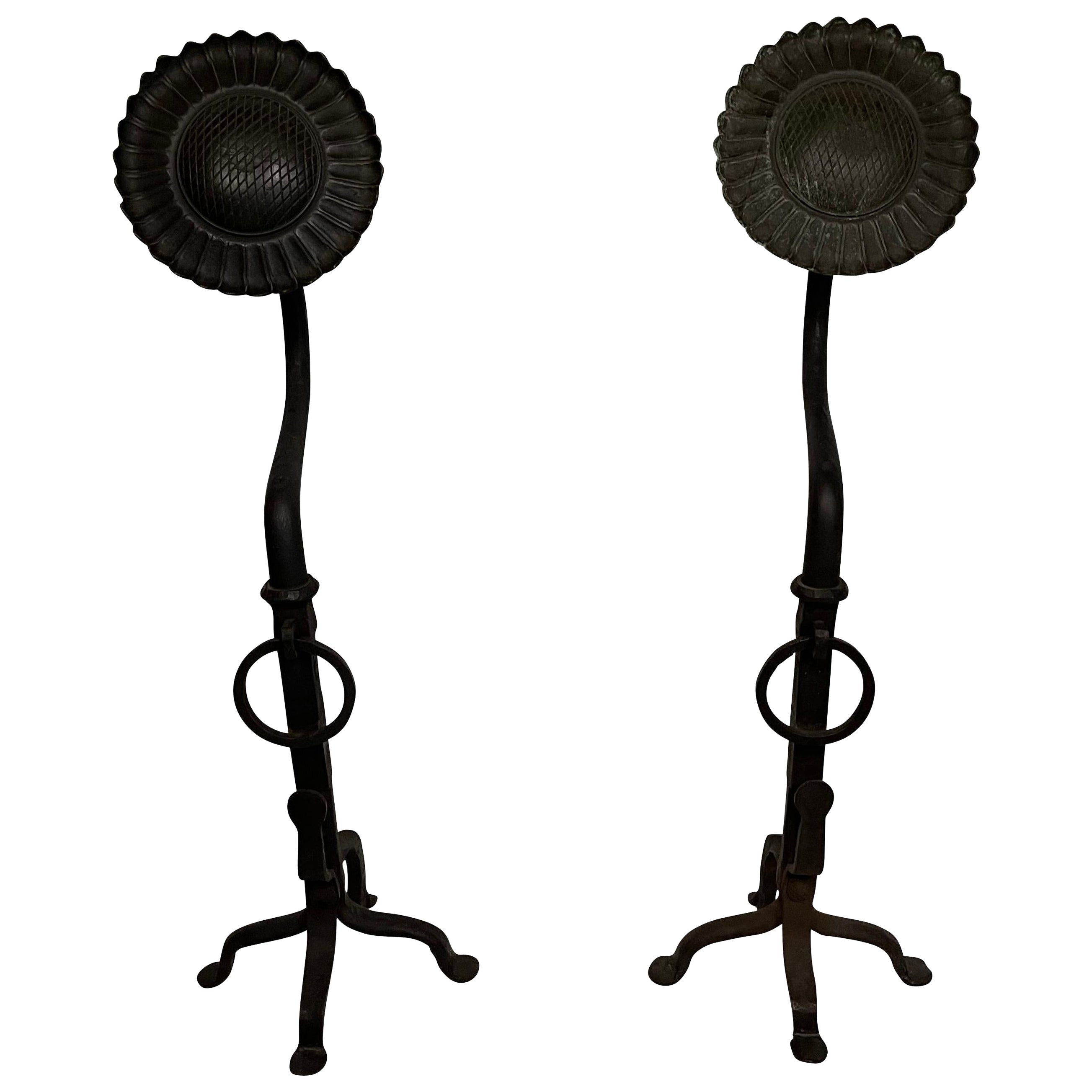 20th Century Sunflower Black Wrought Oversized Iron Hand Forged Andirons