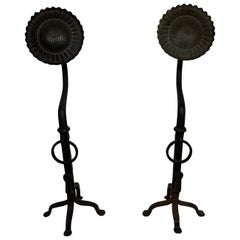 20th Century Sunflower Black Wrought Oversized Iron Hand Forged Andirons
