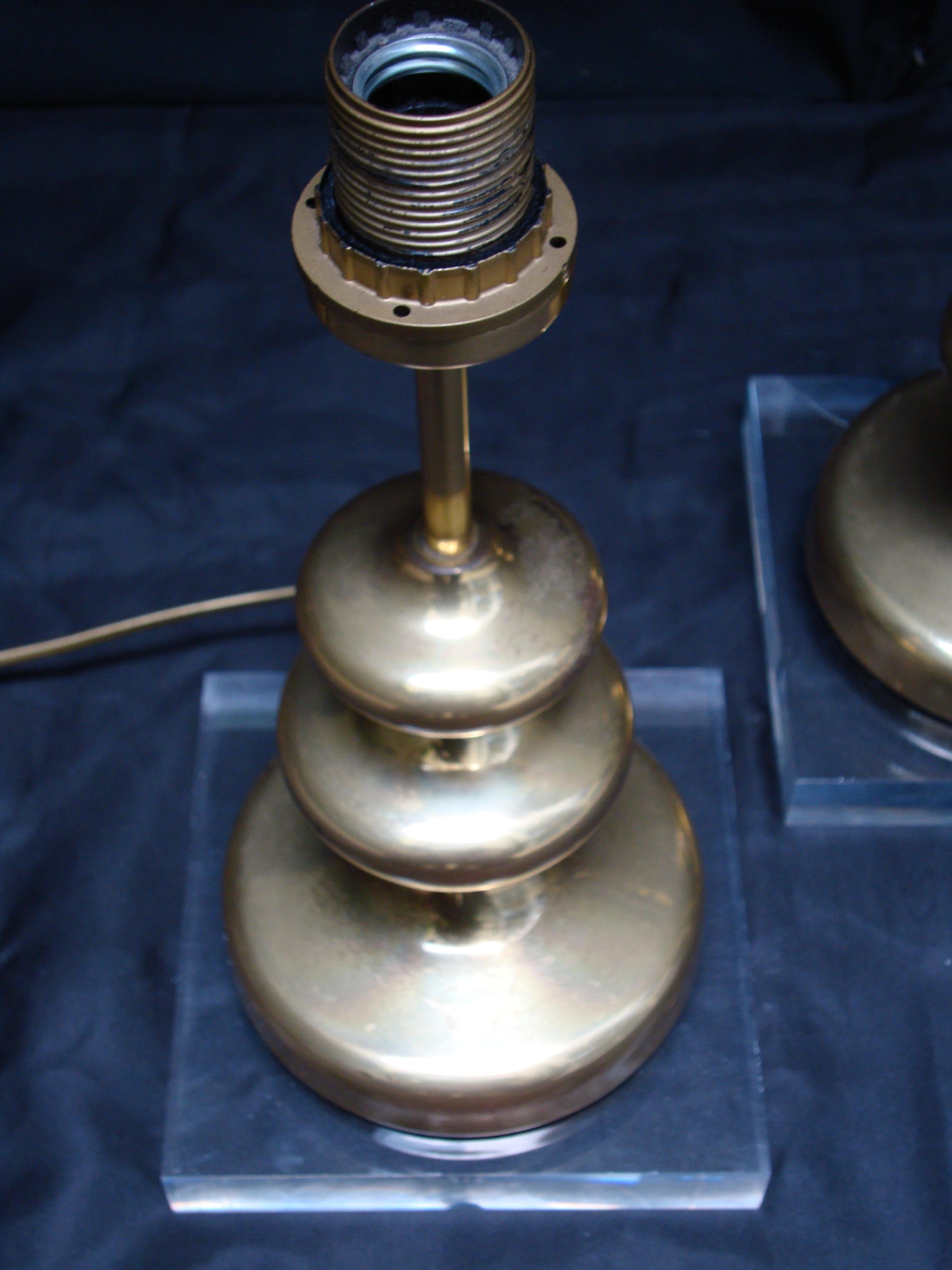 Swedish 20th Century Sweden Pair Brass Table Lamps Lucite Bases For Sale