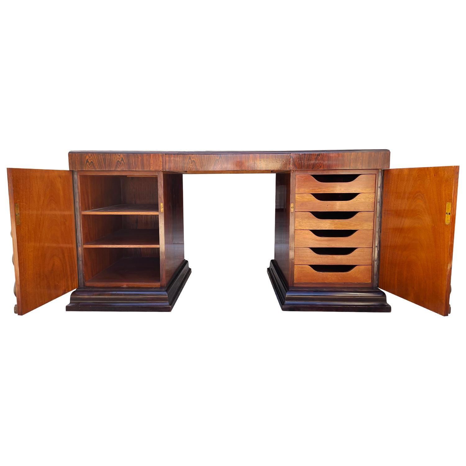 Polished 20th Century Swedish Art Deco Jacarandawood Writing Table - Vintage Bronze Desk For Sale