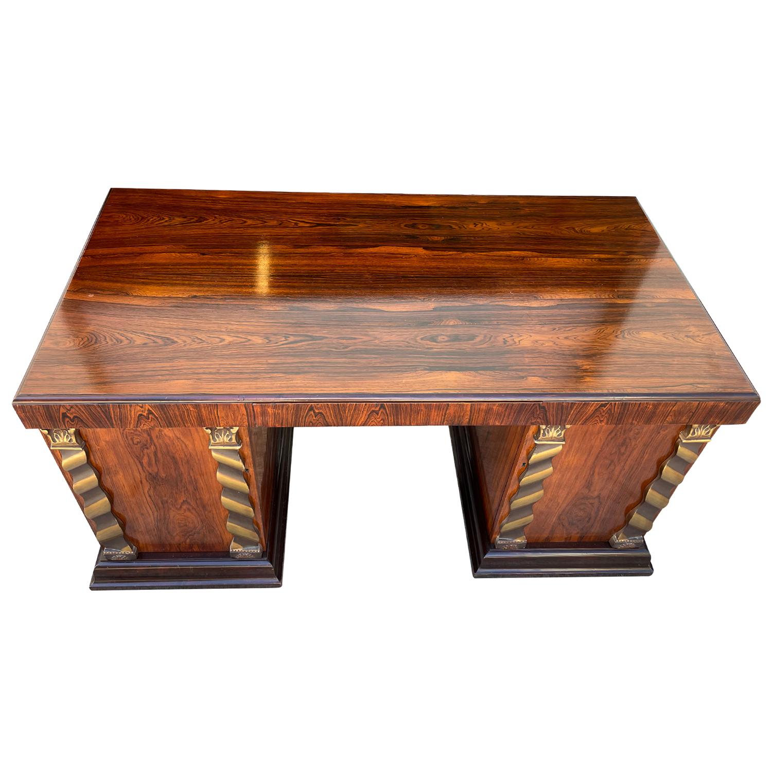 20th Century Swedish Art Deco Jacarandawood Writing Table - Vintage Bronze Desk In Good Condition For Sale In West Palm Beach, FL
