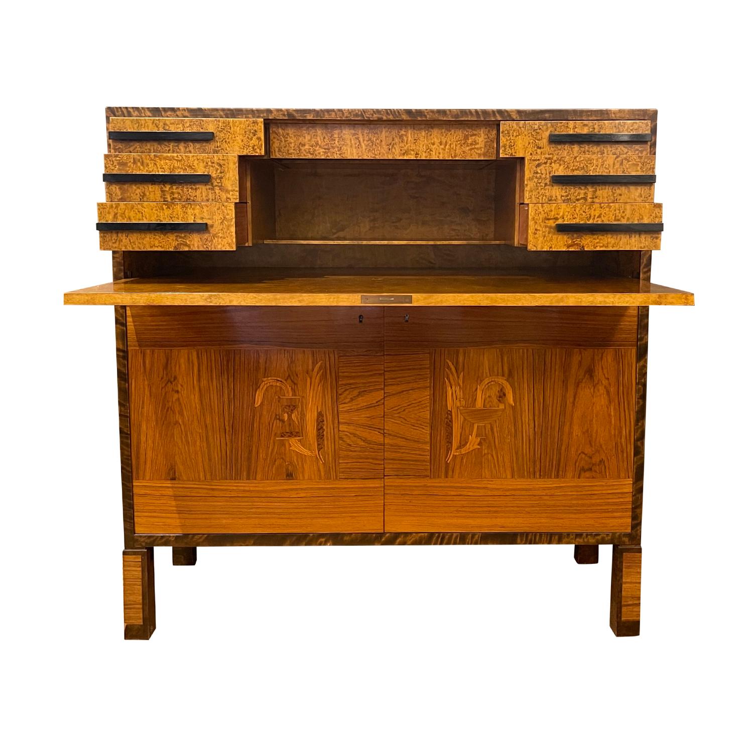 A vintage Mid-Century Modern Swedish secretary desk signed by the A.B. Svenska Moebel Fabrikerna (SMF), one of the largest furniture manufacturers in Bodafors, Sweden, most likely a piece from Axel Larsson. The secretary is made out of a varieties