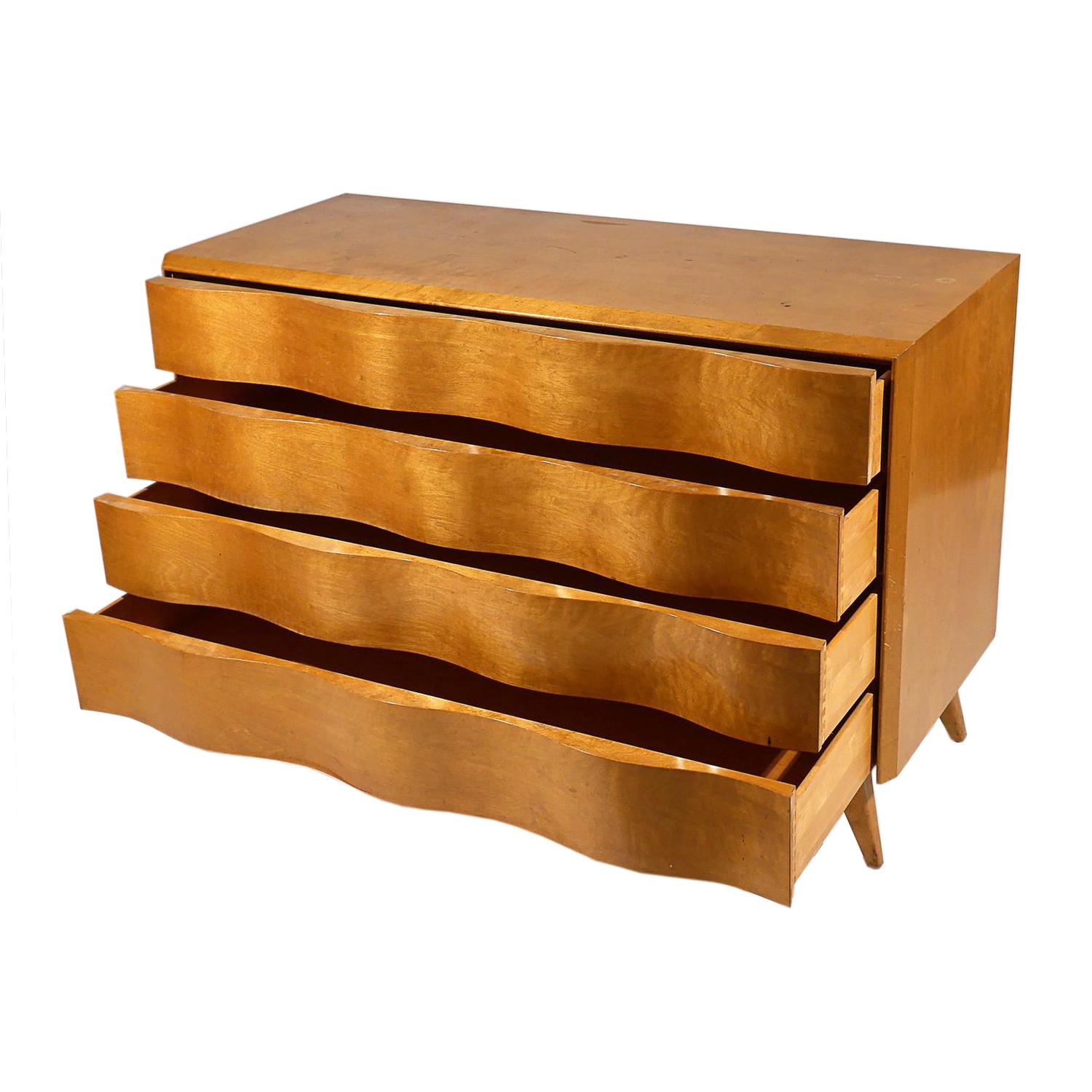 Hand-Carved 20th Century Swedish Birchwood Wave Front Chest of Drawers by Edmond J. Spence