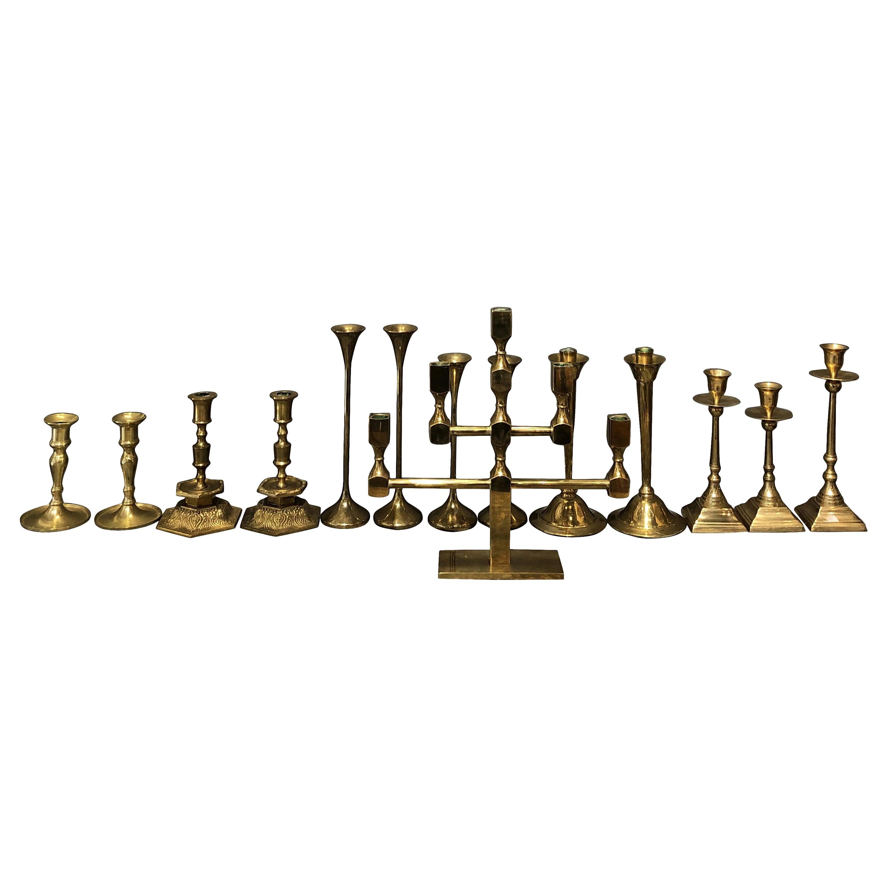 20th Century Gold Swedish, Danish Collection of Fourteen Brass Candlesticks For Sale