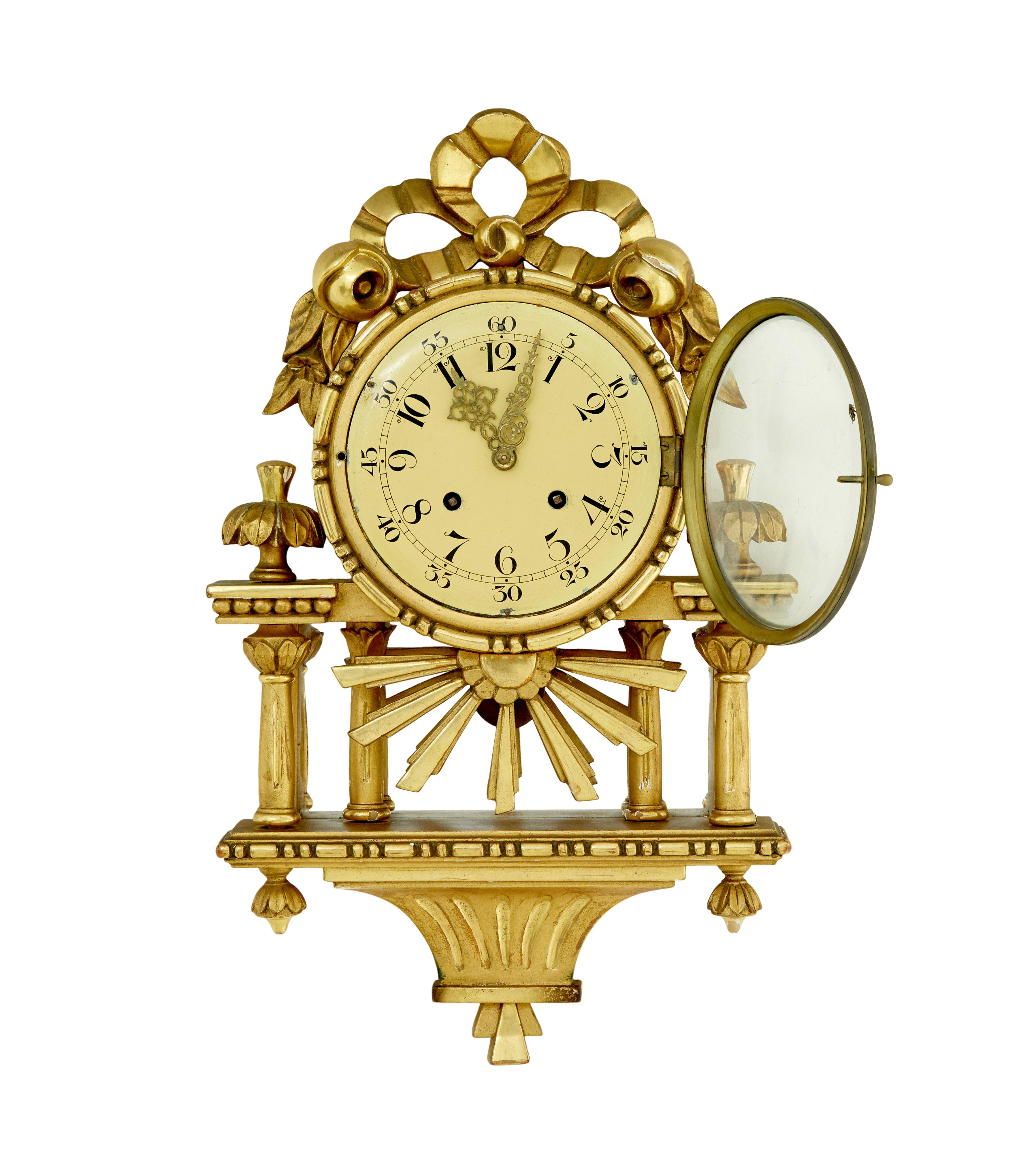 Rococo 20th century Swedish gilt carved wood wall clock For Sale