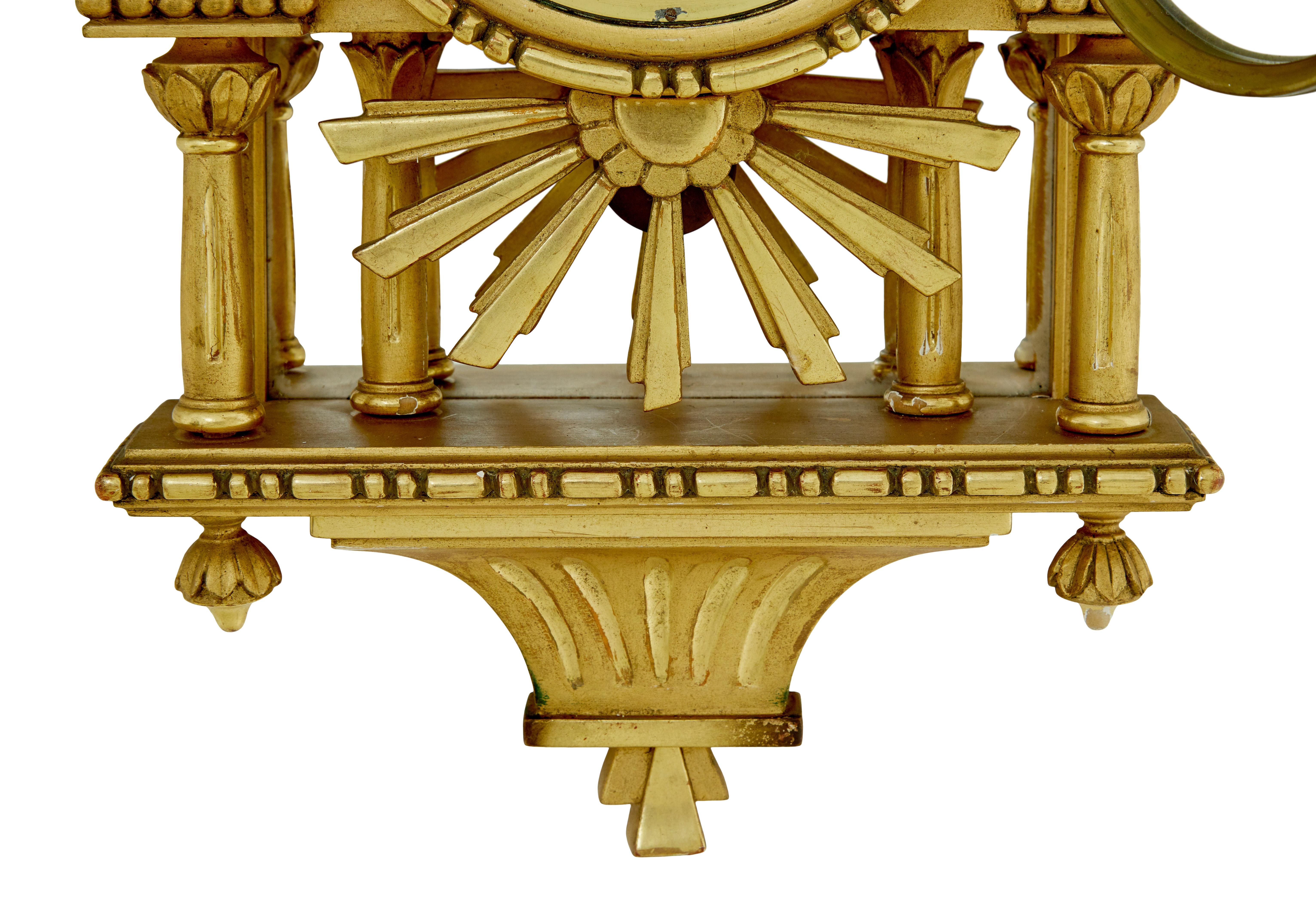 20th century Swedish gilt carved wood wall clock In Good Condition For Sale In Debenham, Suffolk