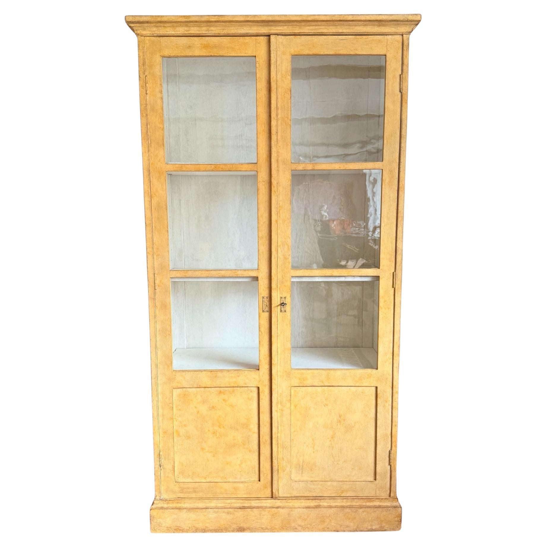 20th Century Swedish Glass Door Bookcase - Display Cabinet - Painted Yellow