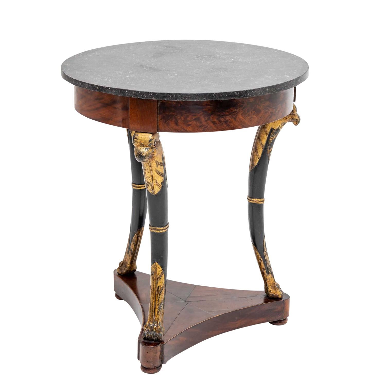 Gilt 19th Century French Empire Round Mahogany Side Table - Antique Marble Table For Sale