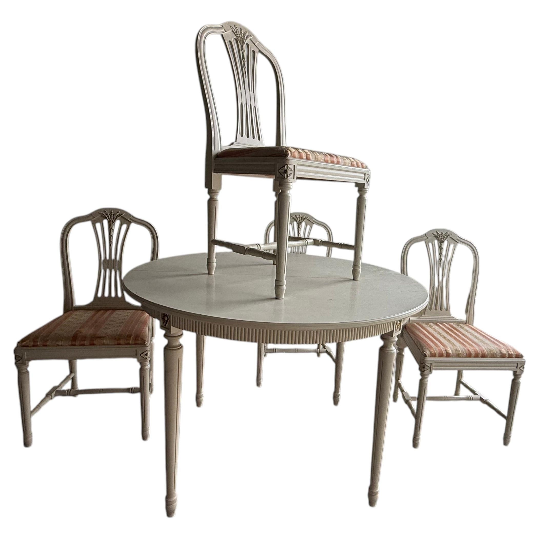 20th Century Swedish Gustavian Pine Dining Room Table Set with Four Side Chairs