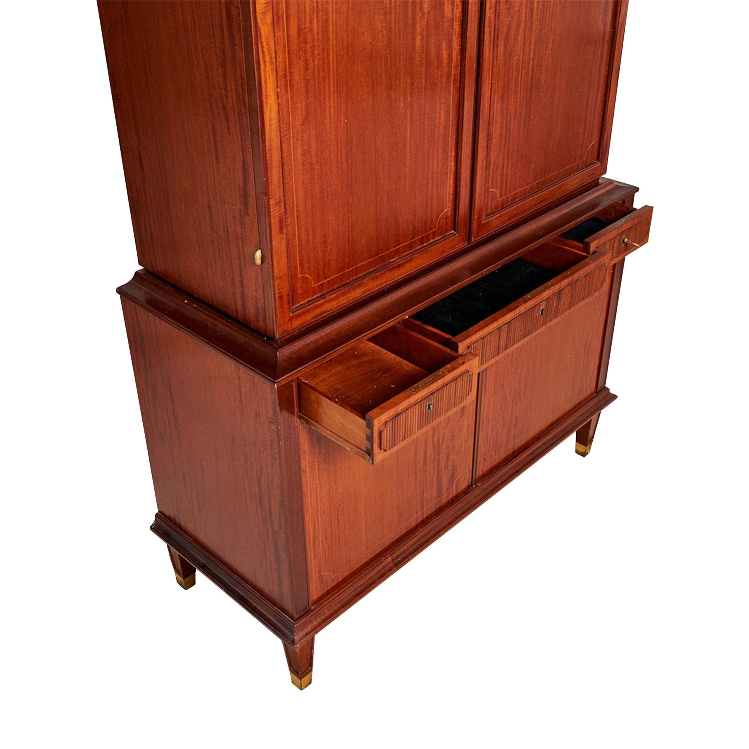 Hand-Carved 20th Century Swedish Mid-Century Walnut Serving Cabinet - Vintage Brass Buffet For Sale