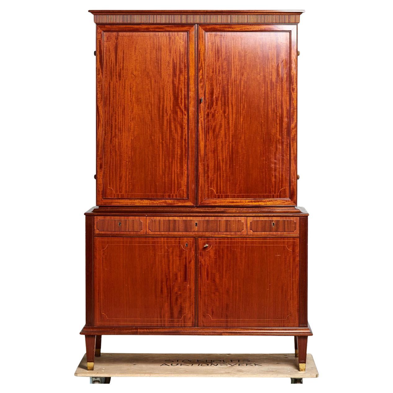 20th Century Swedish Mid-Century Walnut Serving Cabinet - Vintage Brass Buffet For Sale