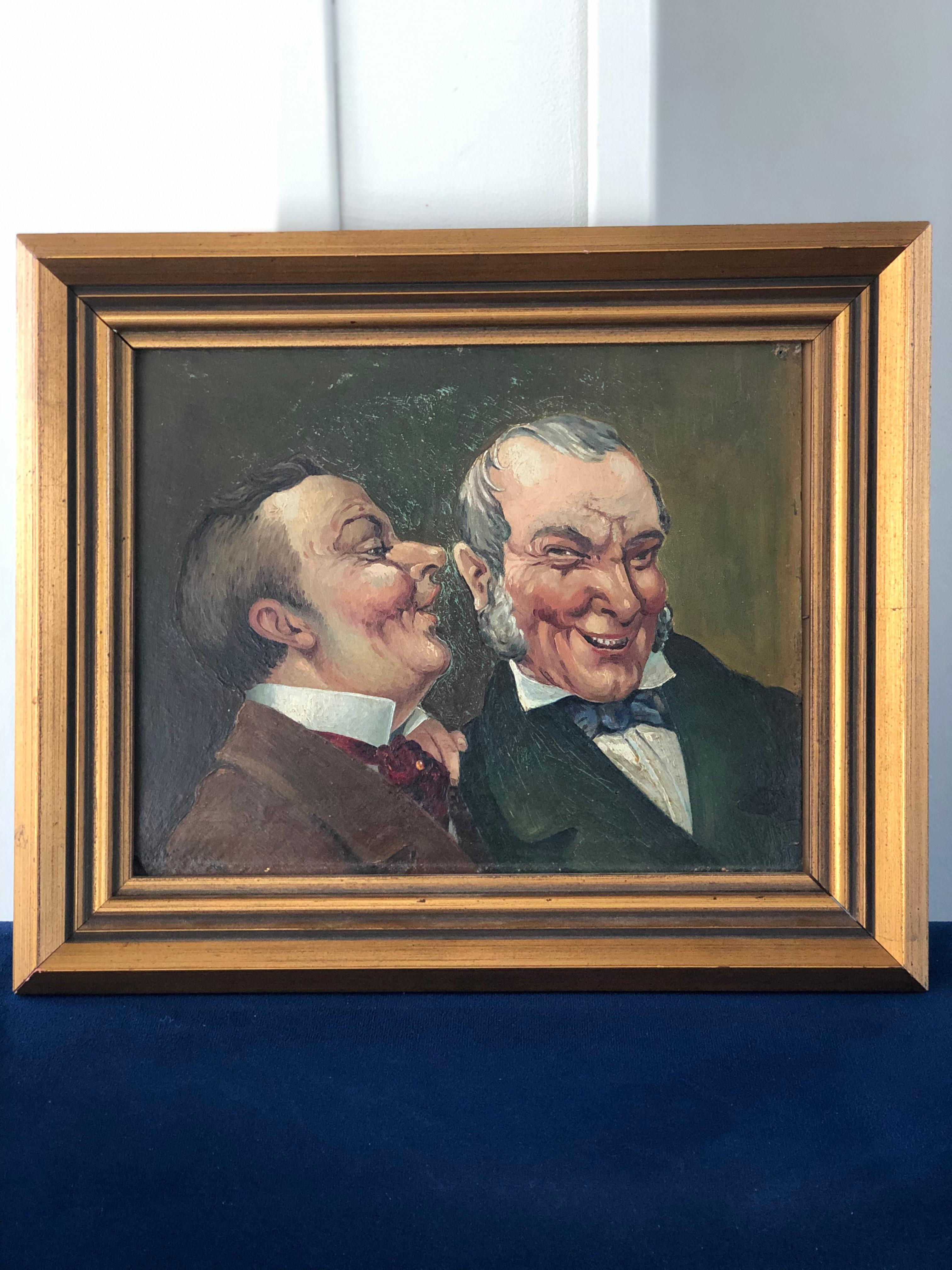 Capturez un moment de camaraderie et de rire avec cette charmante peinture à l'huile représentant deux hommes partageant un moment amusant. Avec des traits vibrants et des détails expressifs, l'artiste capture la chaleur et l'humour de leur rire