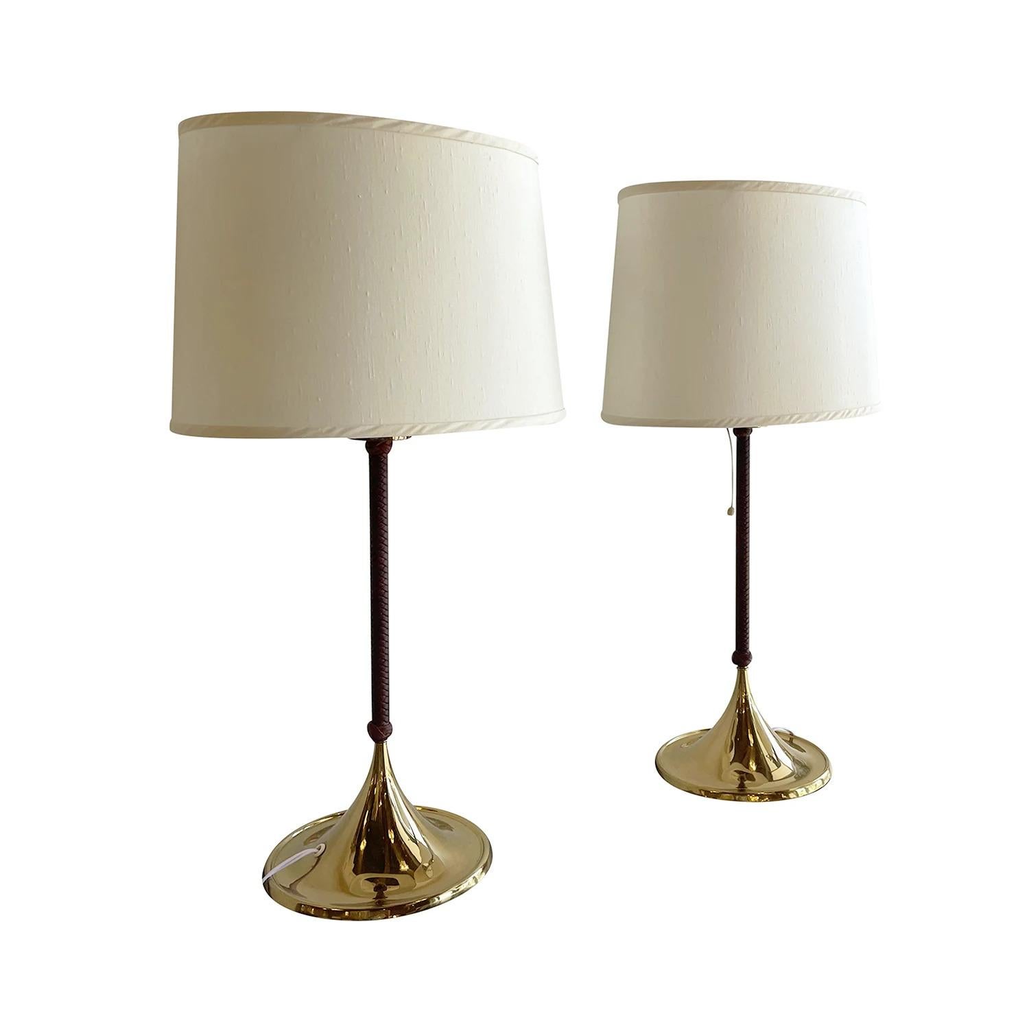 Mid-Century Modern 20th Century Swedish Pair of Brass Table Lamps, Leather Lights by Bergboms
