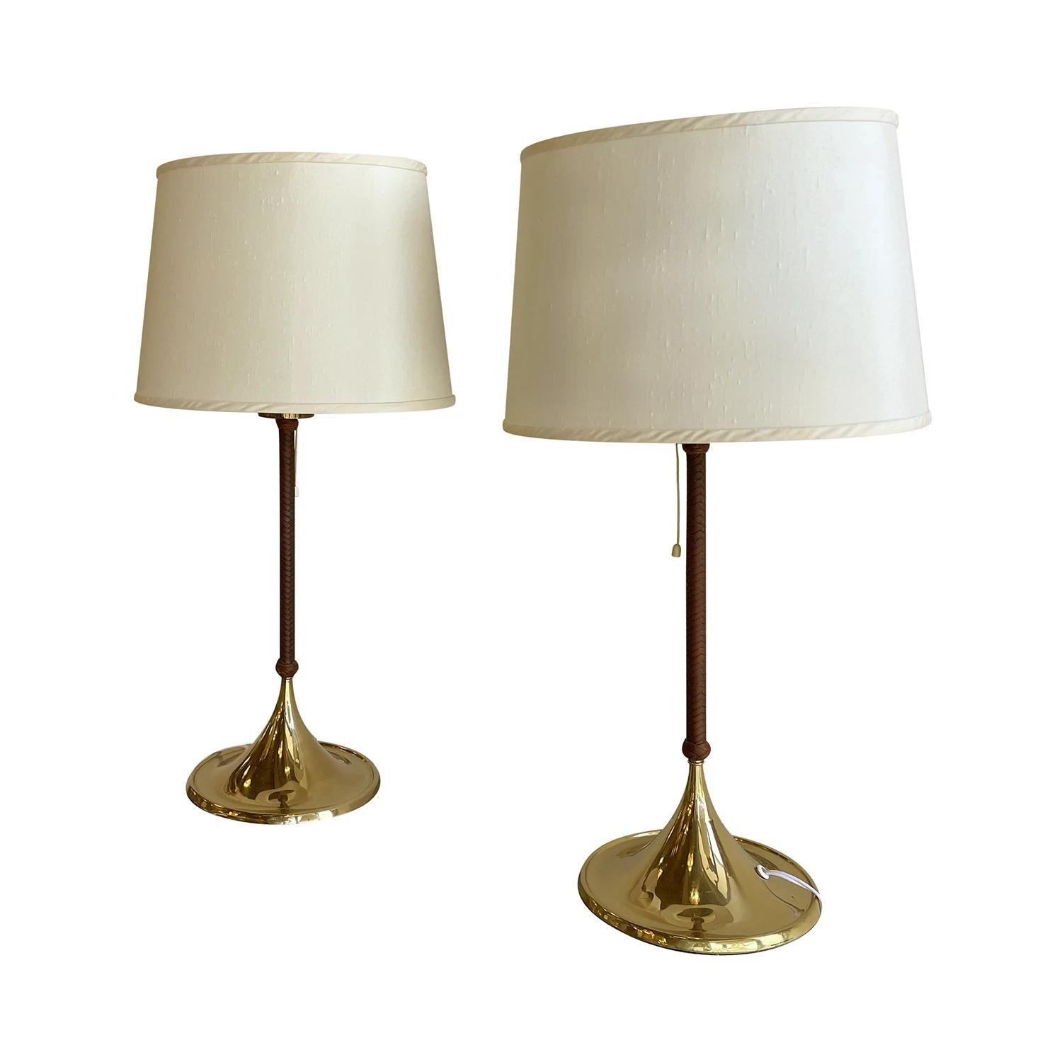 Hand-Crafted 20th Century Swedish Pair of Brass Table Lamps, Leather Lights by Bergboms