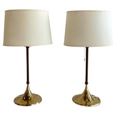 20th Century Swedish Pair of Brass Table Lamps, Leather Lights by Bergboms