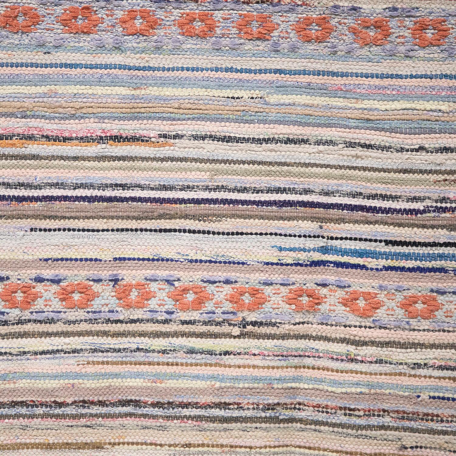 20th Century Swedish rag rug. 
Of a curved striped design with tones of blue and red throughout. 
This rug is machine washable at 30 degrees. 
Stock Number: RT6024471