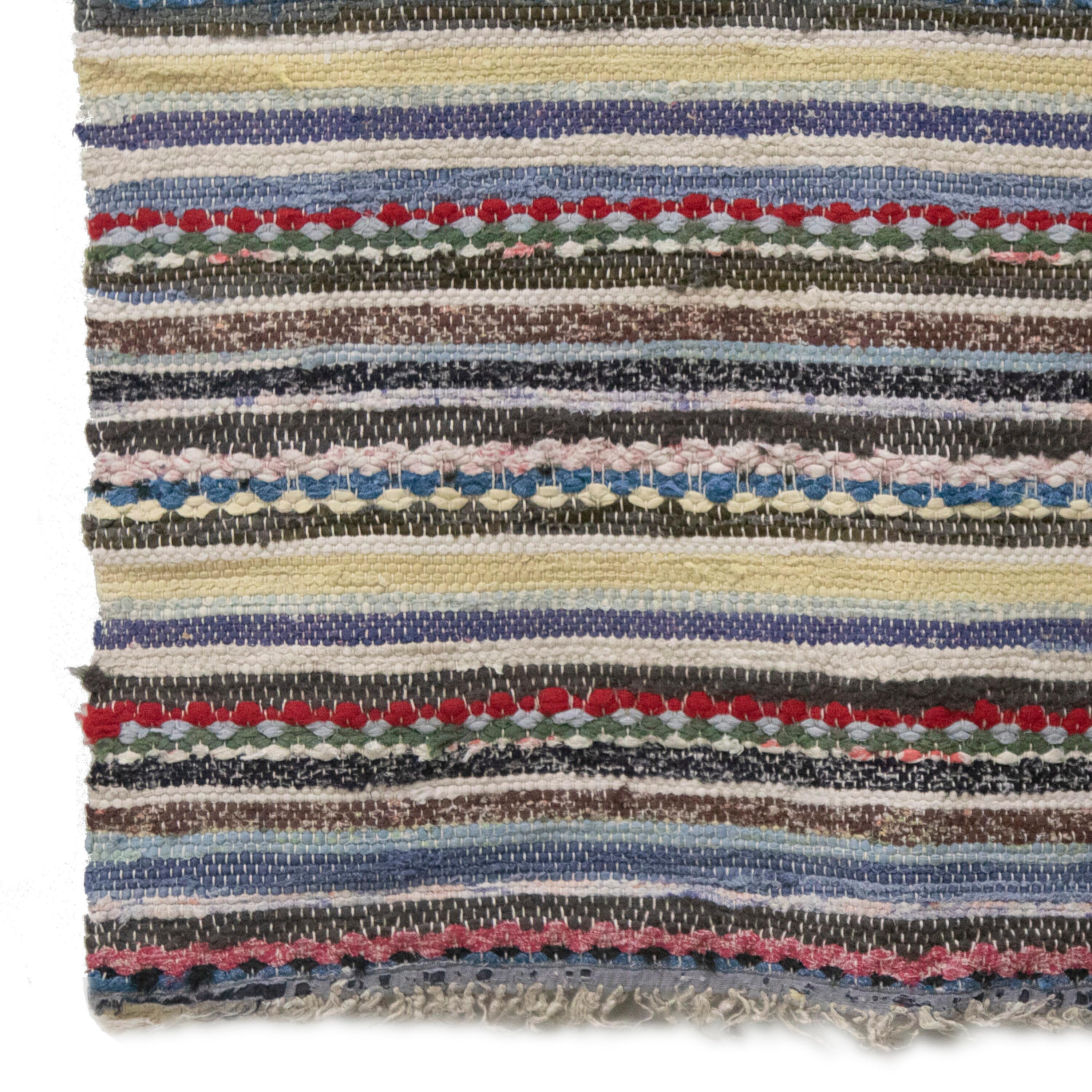 20th Century Swedish rag rug.   Featuring a swirled stripe design in tones of black, blue, and beige.   This rug is machine washable at 30 degrees.
RT6024476