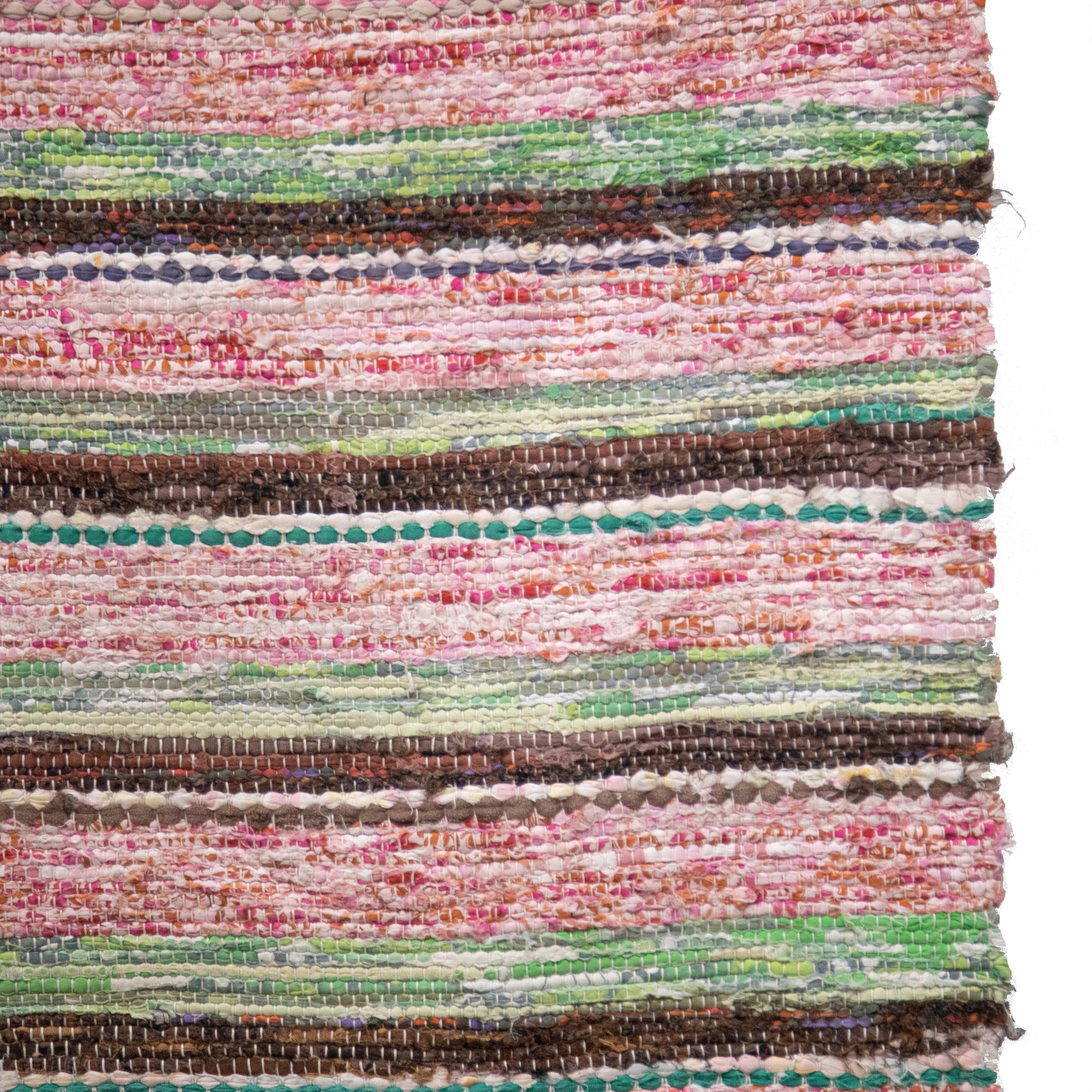 20th Century Swedish rag rug.   Featuring a stripe design in tones of brown, green, and red.   This rug is machine washable at 30 degrees.
RT6024593