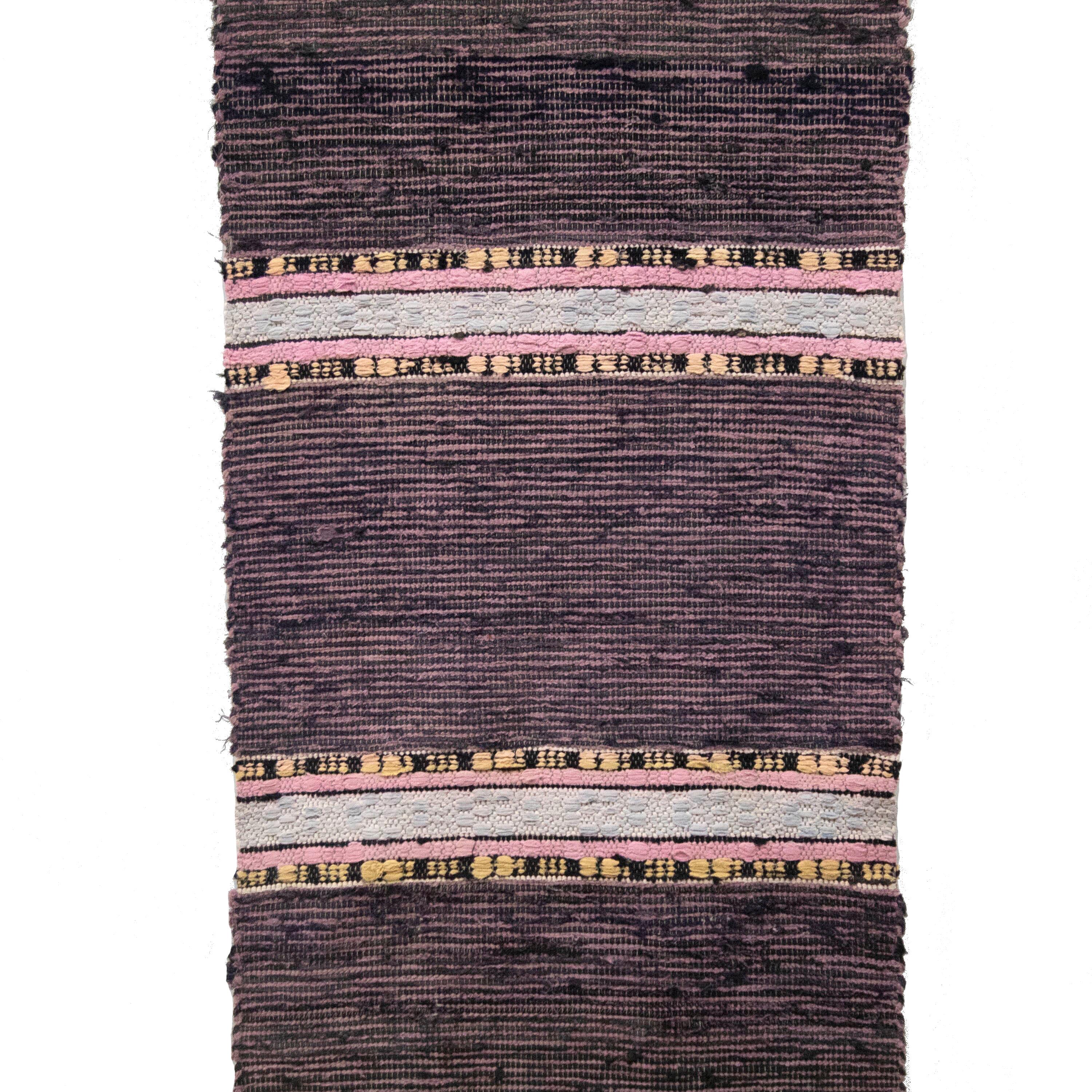 20th Century Swedish rag rug. Featuring a stripe design in tones of black, pink, and blue. This rug is machine washable at 30 degrees. 
RT6024600
