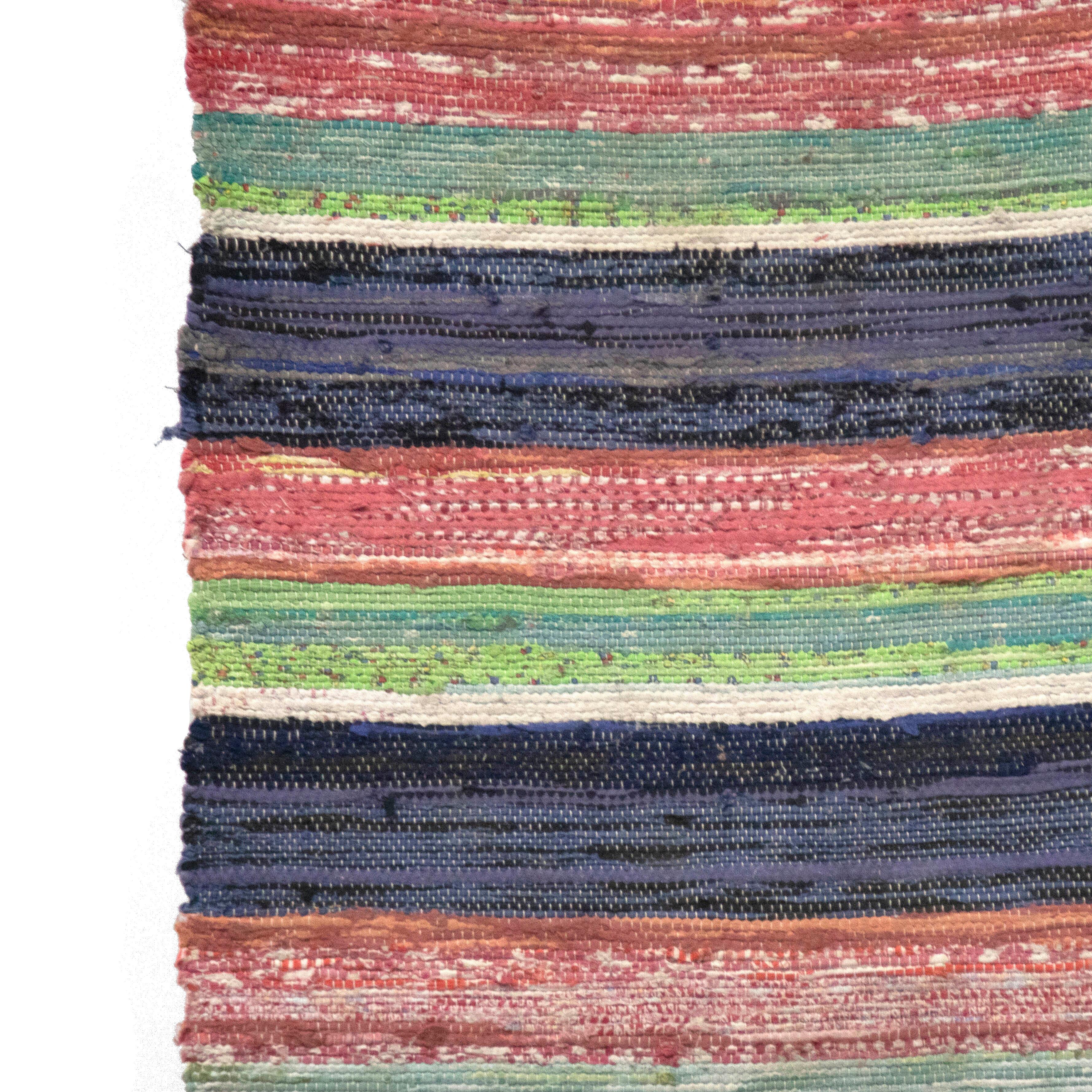 Tappeto di pezza svedese del XX secolo. Caratterizzato da un design a righe nei toni del blu, del verde e del rosso. Questo tappeto è lavabile in lavatrice a 30 gradi.
RT6024606.