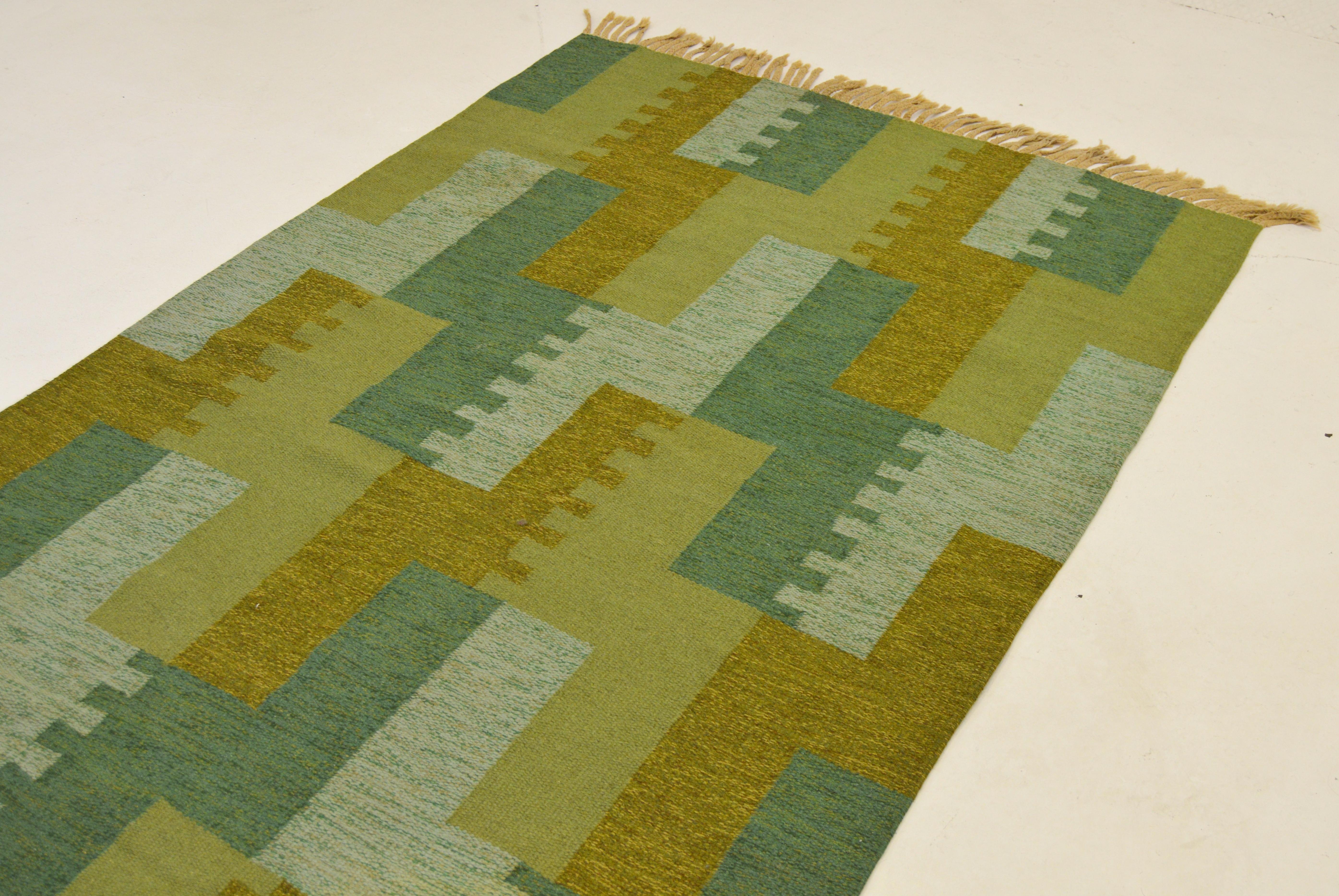 Scandinavian Modern 20th Century Swedish Röllakan Flat-Weave Carpet Signed UB For Sale