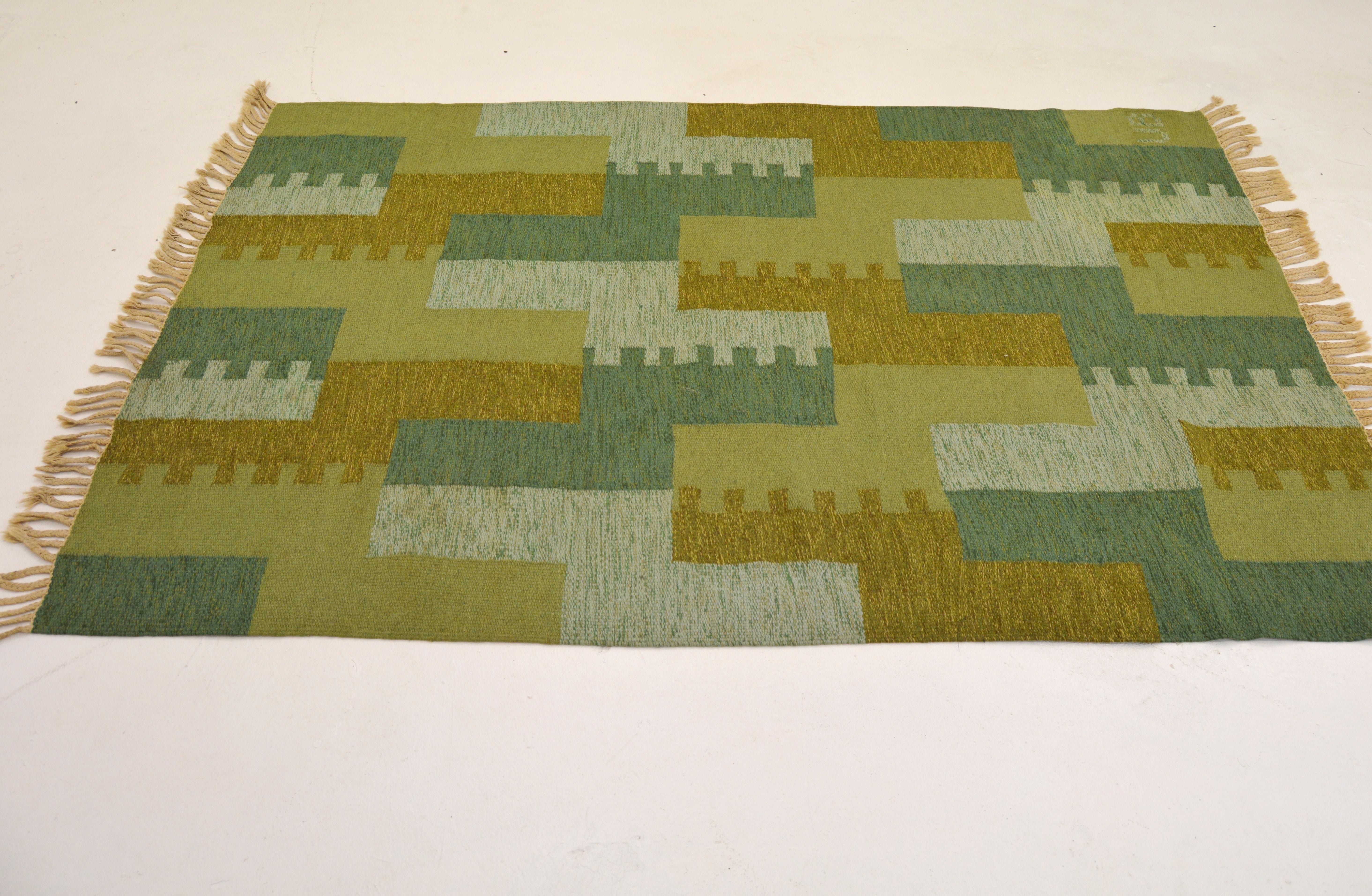 Wool 20th Century Swedish Röllakan Flat-Weave Carpet Signed UB For Sale