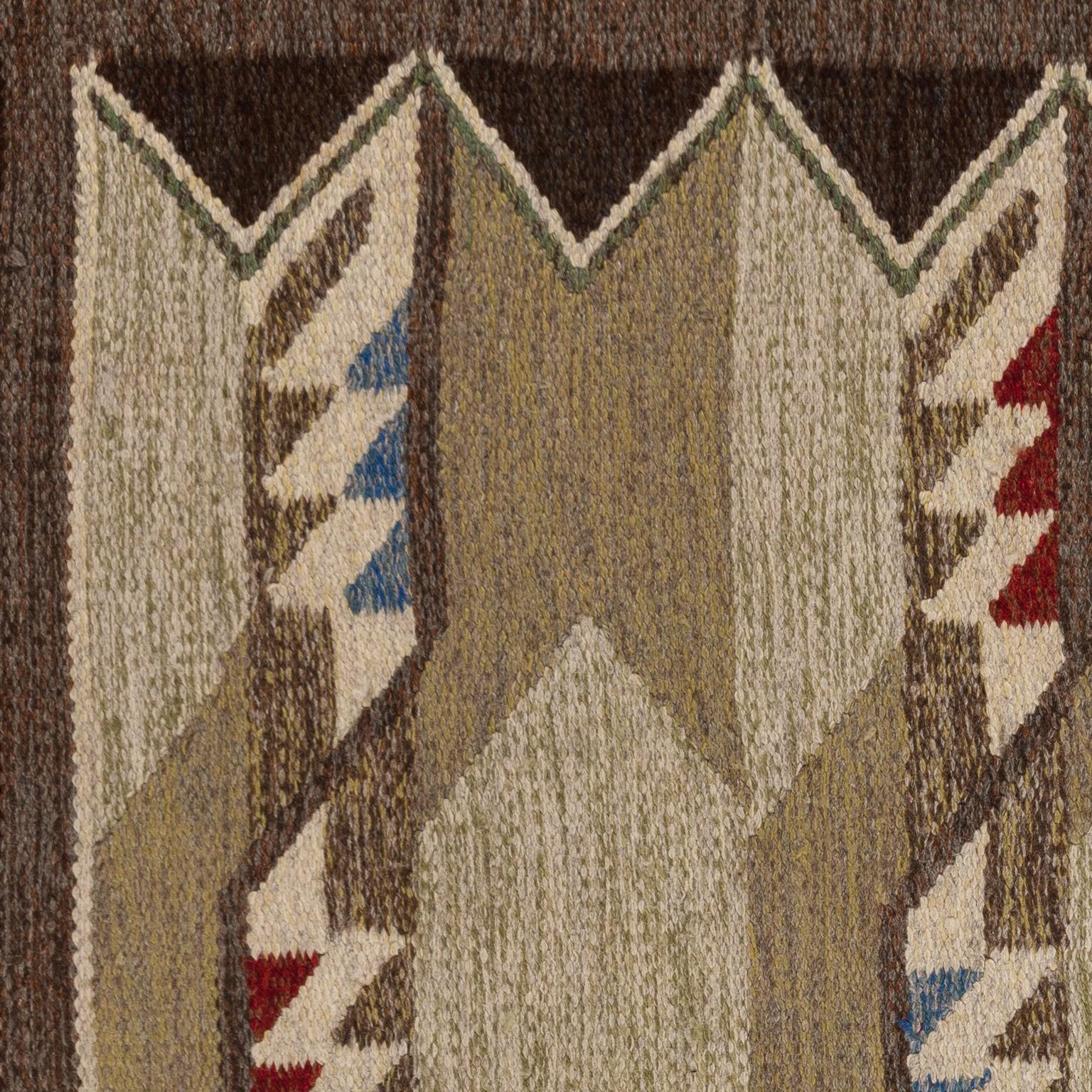 Vintage Scandinavian Swedish rug by Brita Grahn, 1907-2003. Patterns composed from this time gives a touch of contemporary architecture and art. Brita Grahn patterns are based on geometric shapes witch often are broken by a strong contrast with