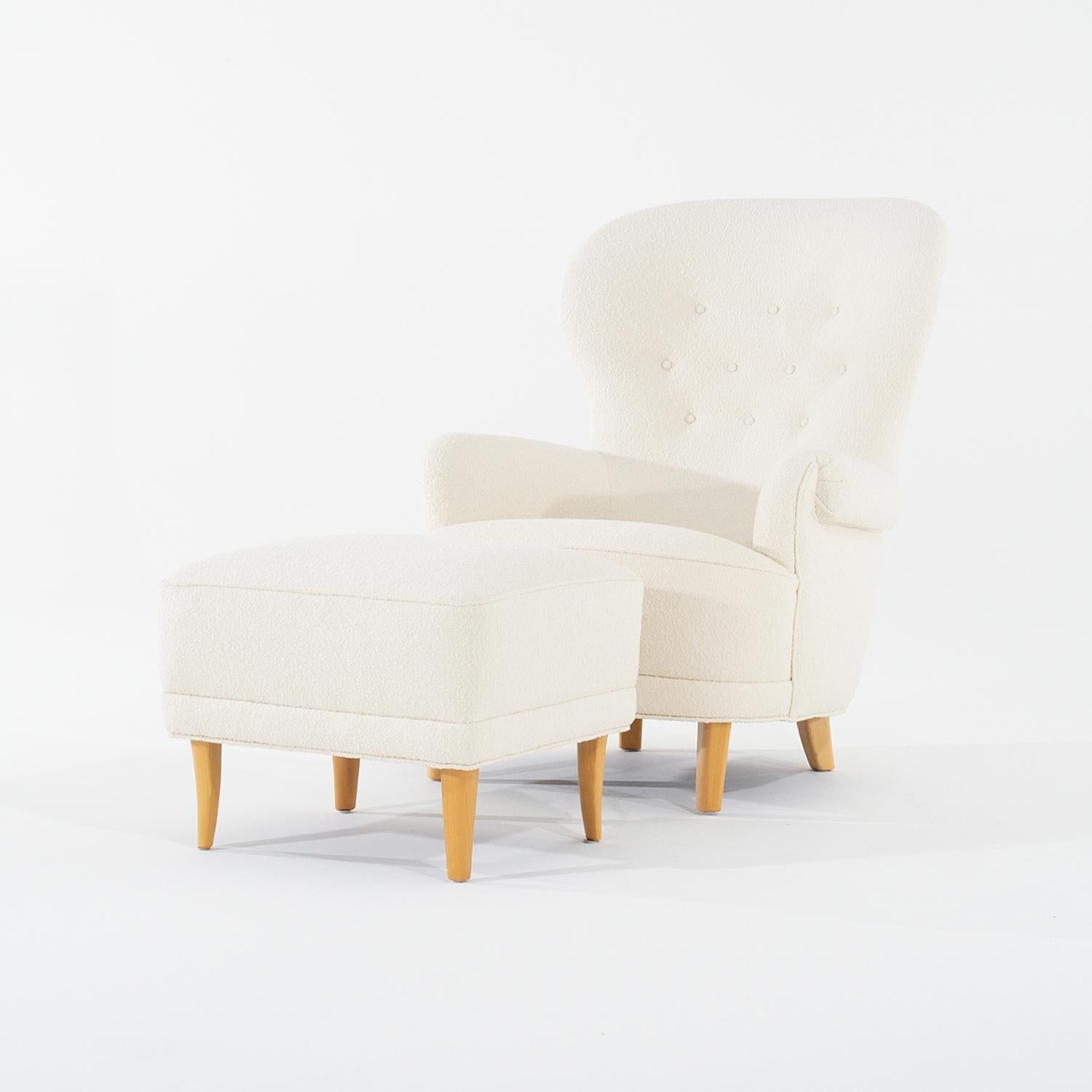 Hand-Carved 20th Century Swedish Vintage Rundrygg Lounge Chair & Footstool by Carl Malmsten For Sale