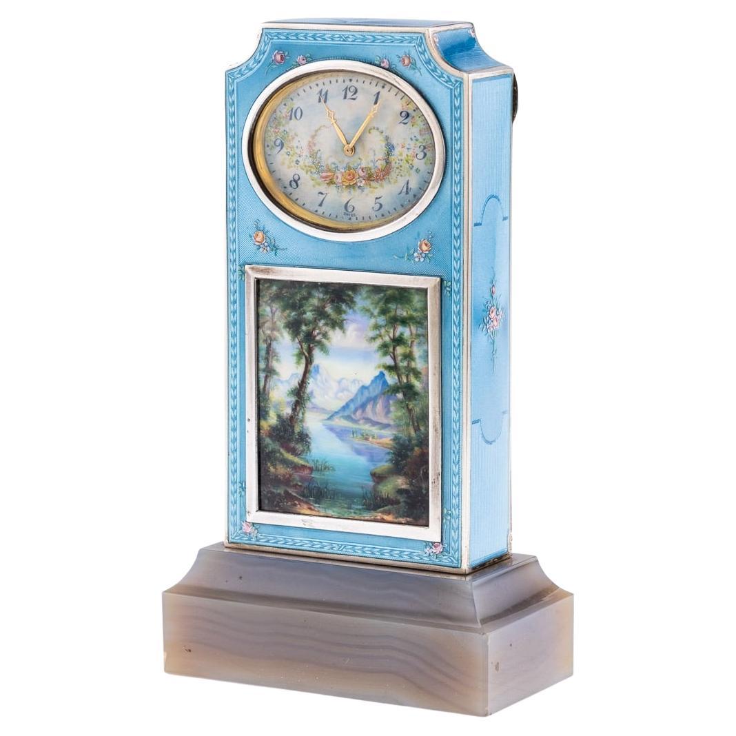 Horloge de voyage suisse du 20e siècle en argent massif et émail guilloché, vers 1900