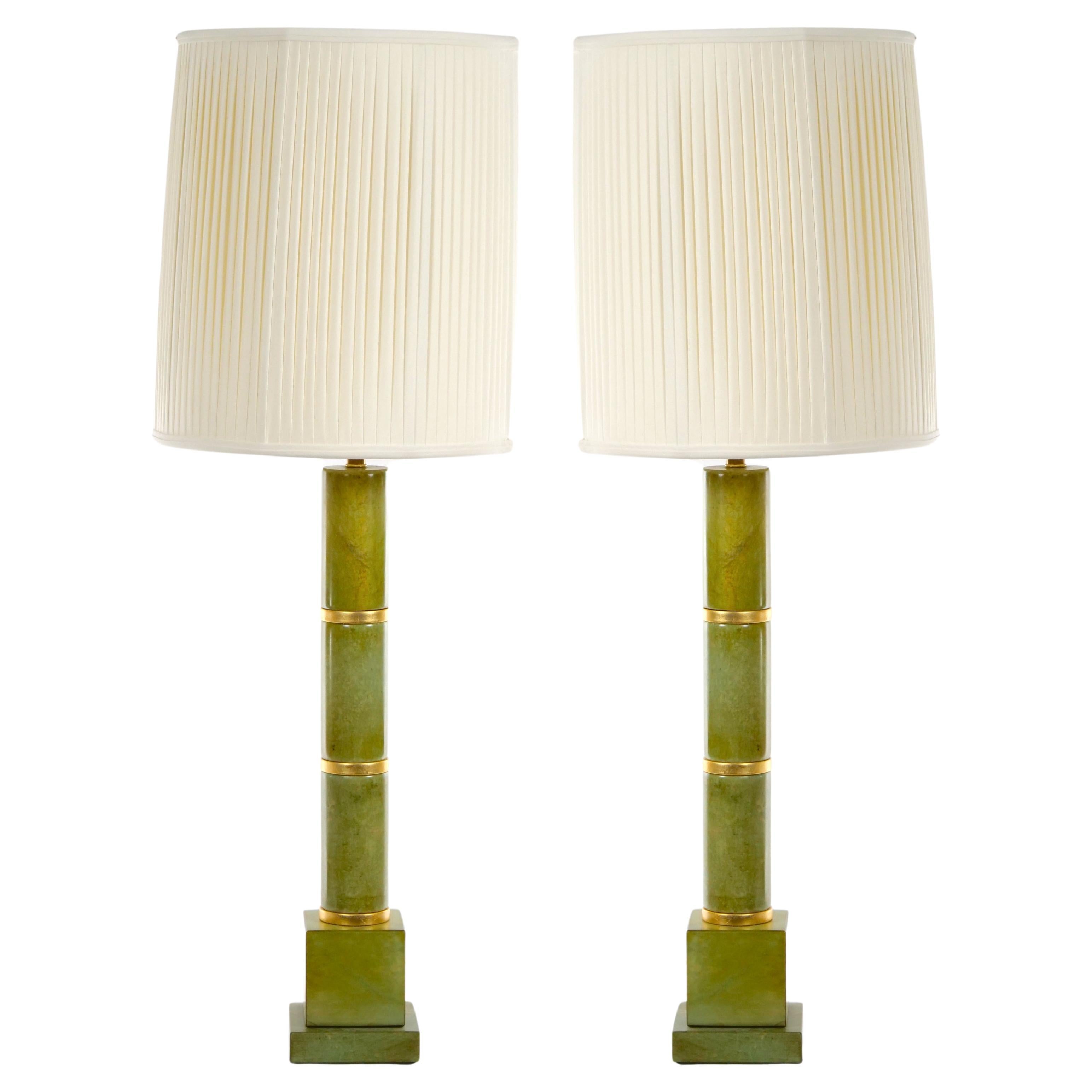 20e siècle Grande paire de lampes de table Art Déco en jade vert