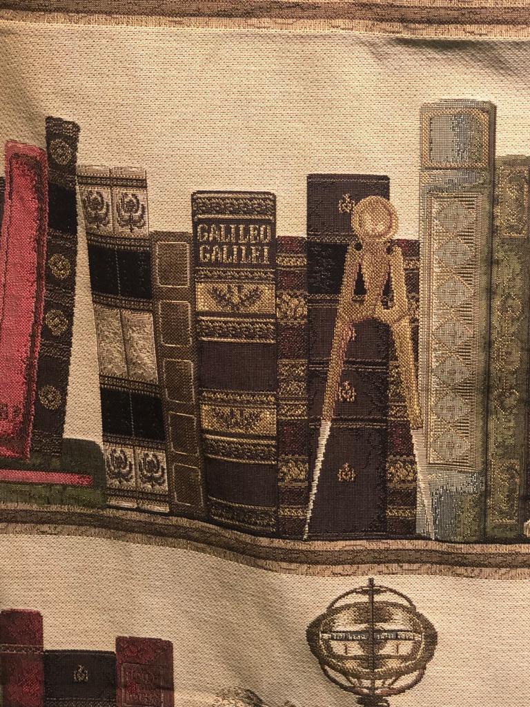 Splendid tapestry with hourglasses, hourglasses, clocks, books and scientific objects. Of great decorative effect used as a hall background and for many other purposes.