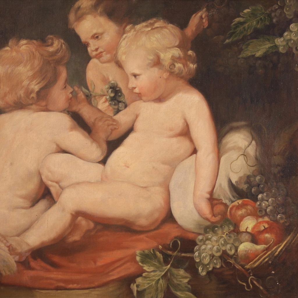 20th Century Tempera On Canvas Antique Italian Game of Cherubs Painting, 1970 For Sale 7