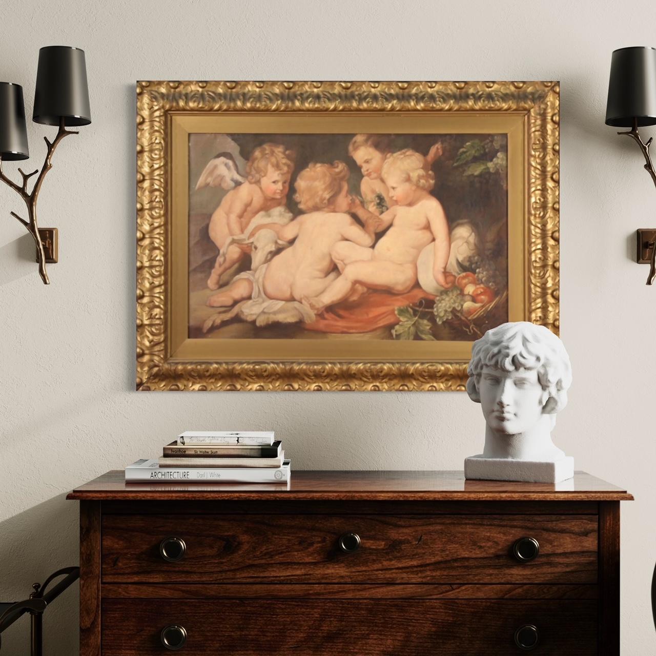 20th Century Tempera On Canvas Antique Italian Game of Cherubs Painting, 1970 For Sale 8