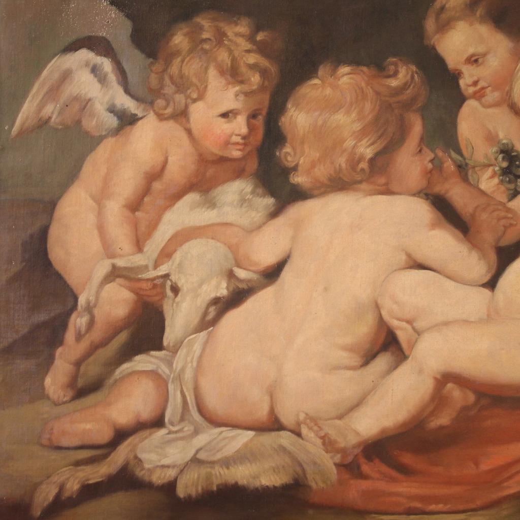 20th Century Tempera On Canvas Antique Italian Game of Cherubs Painting, 1970 For Sale 9