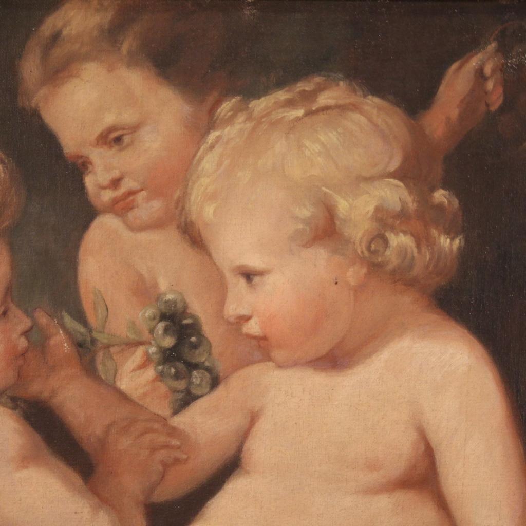 20th Century Tempera On Canvas Antique Italian Game of Cherubs Painting, 1970 For Sale 10