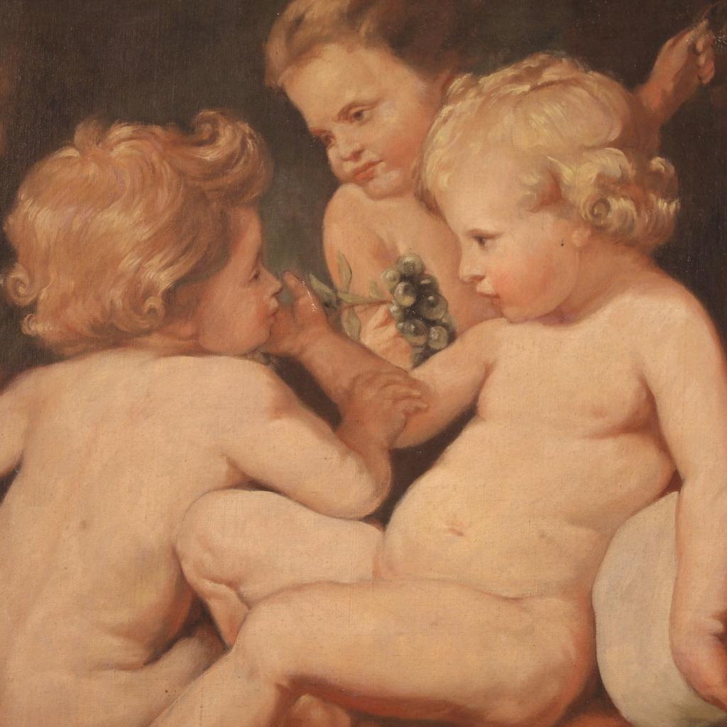Tempered 20th Century Tempera On Canvas Antique Italian Game of Cherubs Painting, 1970 For Sale