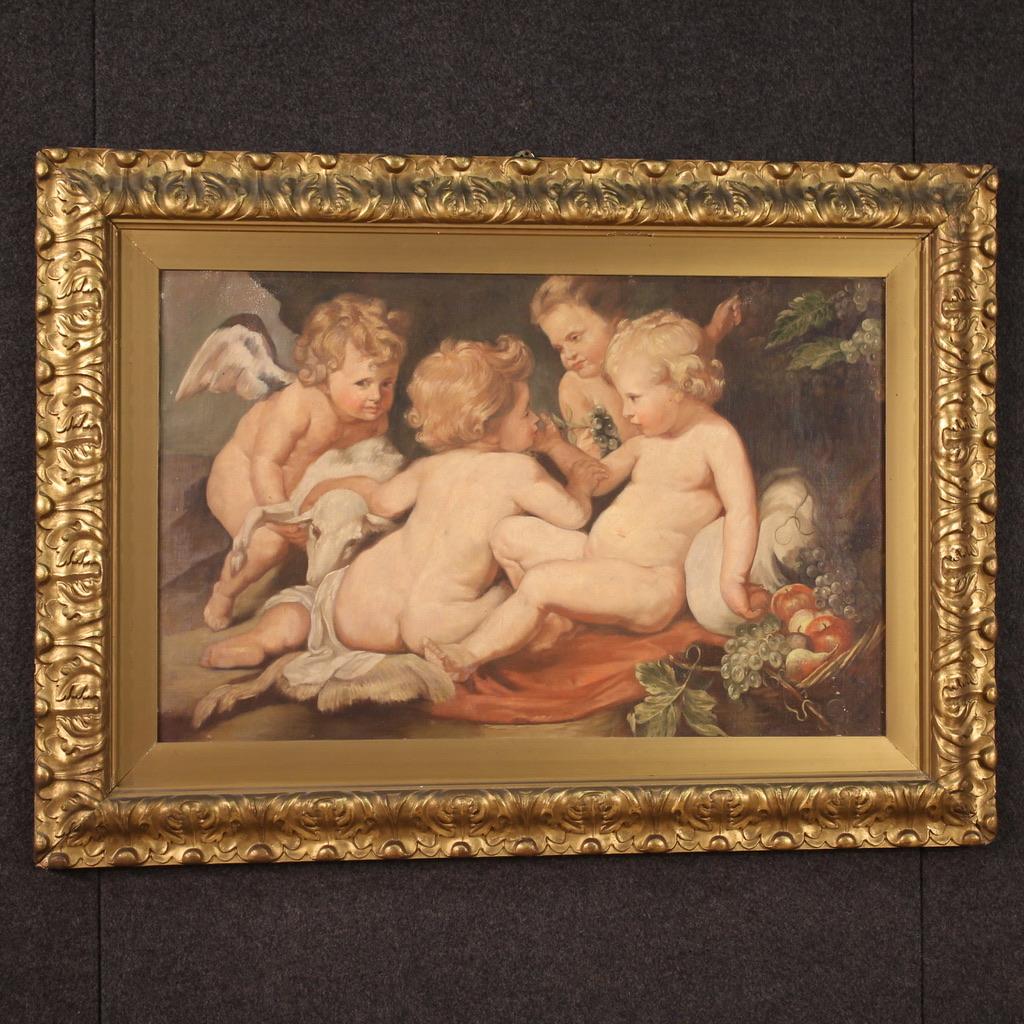 20th Century Tempera On Canvas Antique Italian Game of Cherubs Painting, 1970 For Sale 1