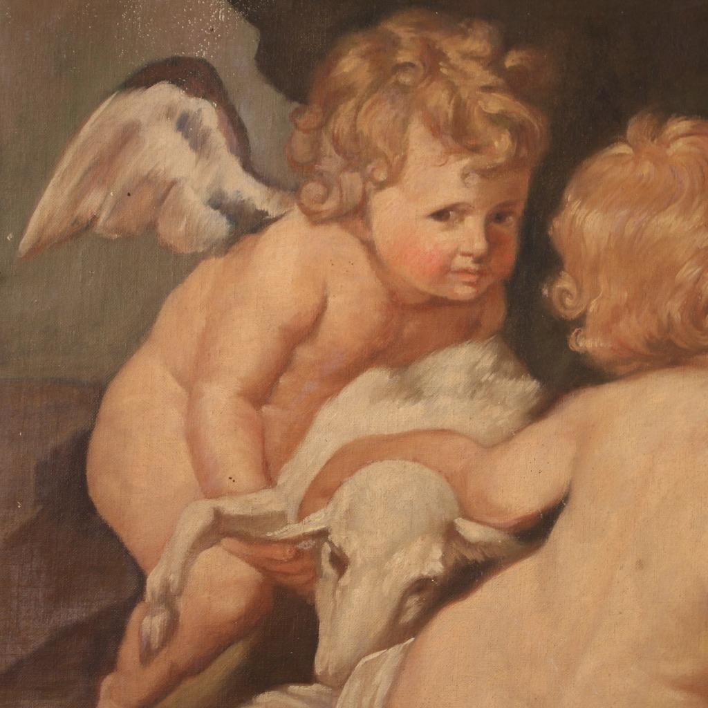 20th Century Tempera On Canvas Antique Italian Game of Cherubs Painting, 1970 For Sale 3