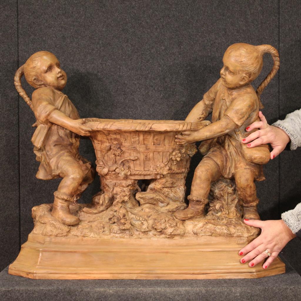 20th Century Terracotta Austrian Sculpture Vase Carried by Two Children, 1940s In Good Condition For Sale In Vicoforte, Piedmont