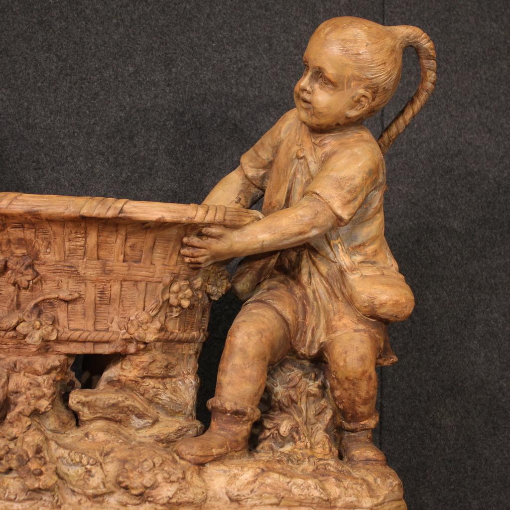 Mid-20th Century 20th Century Terracotta Austrian Sculpture Vase Carried by Two Children, 1940s For Sale