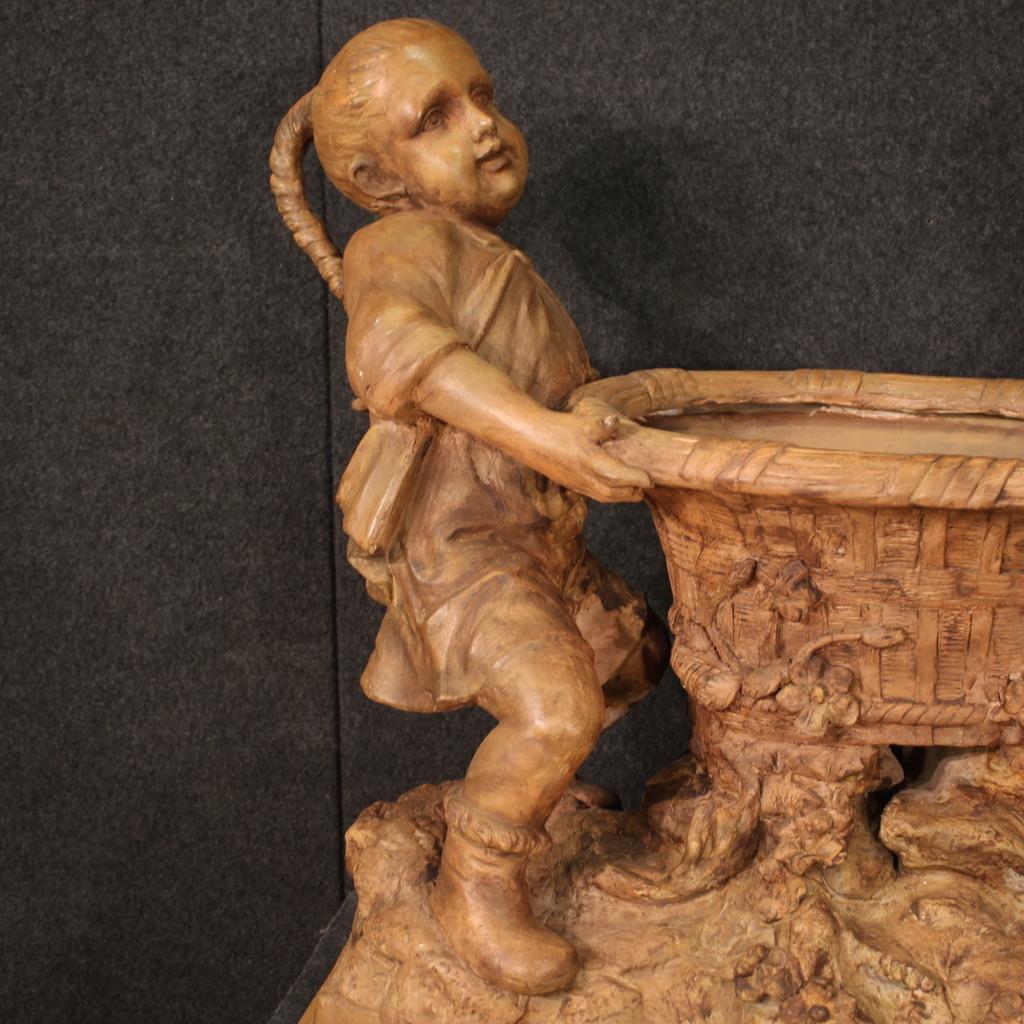 20th Century Terracotta Austrian Sculpture Vase Carried by Two Children, 1940s For Sale 1