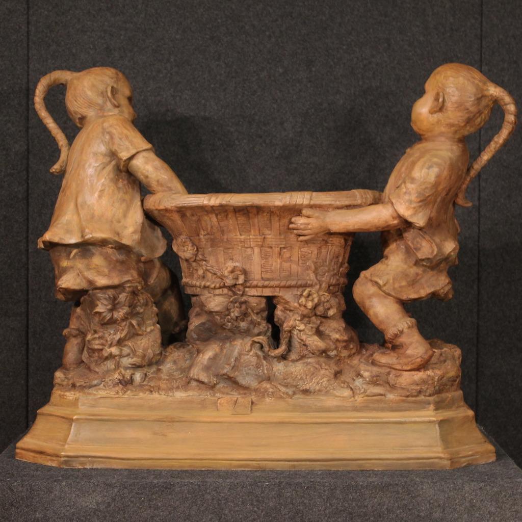 20th Century Terracotta Austrian Sculpture Vase Carried by Two Children, 1940s For Sale 5